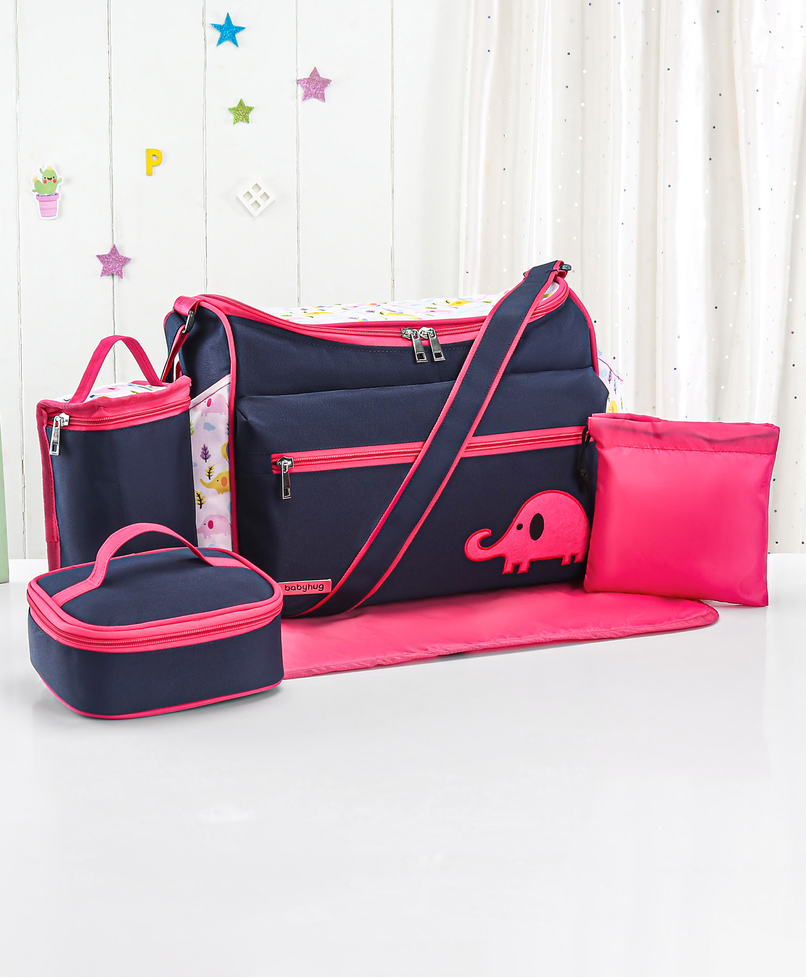 Babyhug Mother Bag with Accessories Combo With Elephant Print Set of 5 - Navy & Pink-picture-24