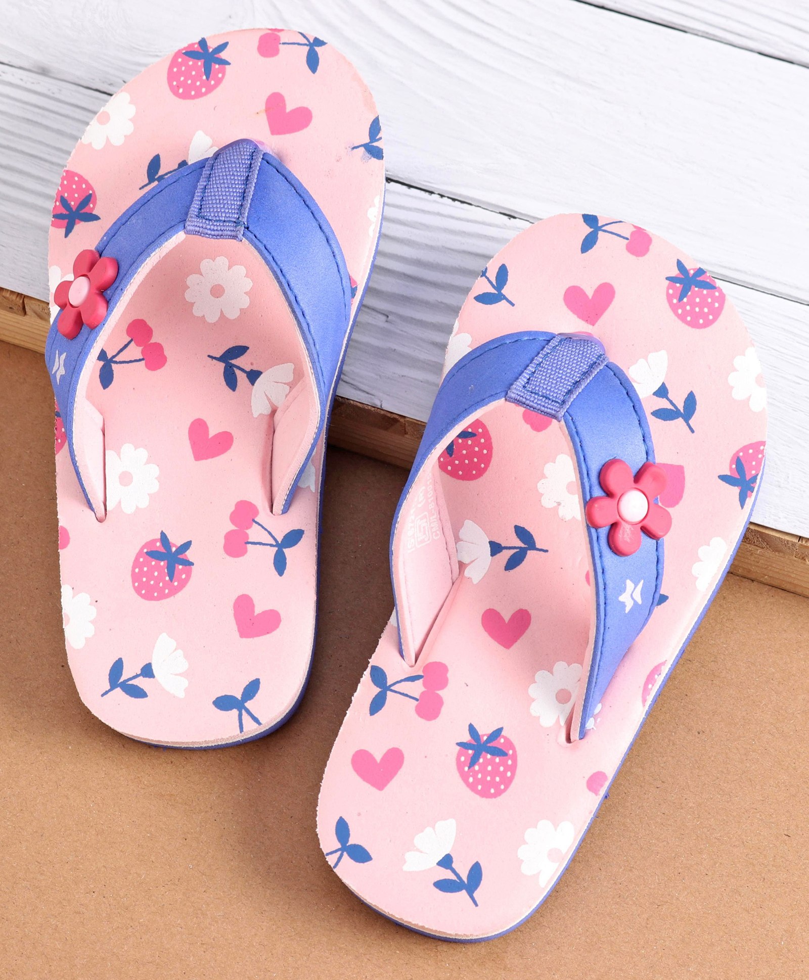 Cute Walk by Babyhug Slip On Flip Flops with Heart & Strawberry Print & Floral Applique - Pink-image-18
