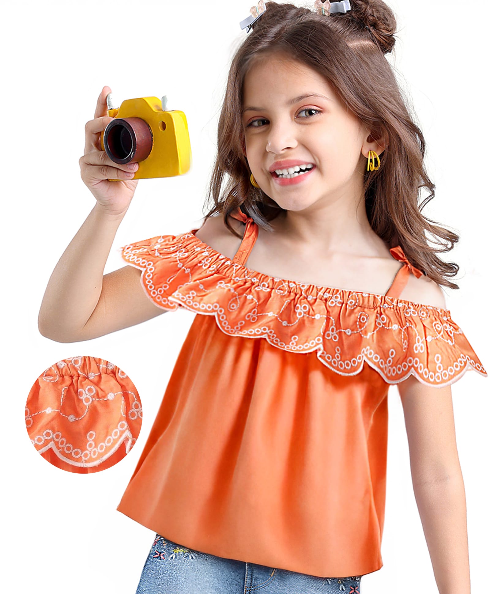 Babyhug Rayon Woven Sleeveless Top with Schiffli Detailing - Orange-picture-12