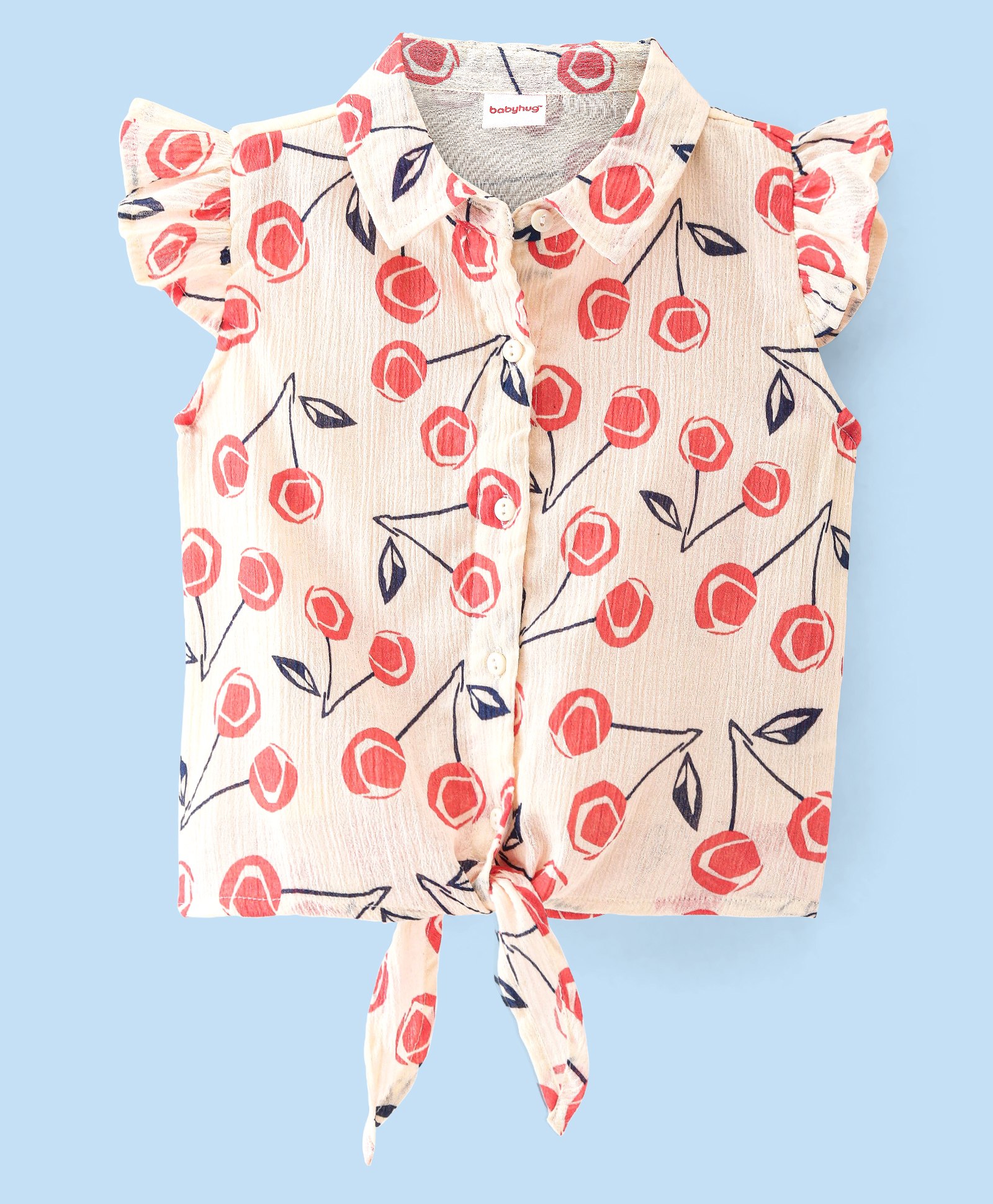 Babyhug Rayon Woven Frill Sleeves Top with Cherry Print & Knot Detailing - White & Peach-image-5