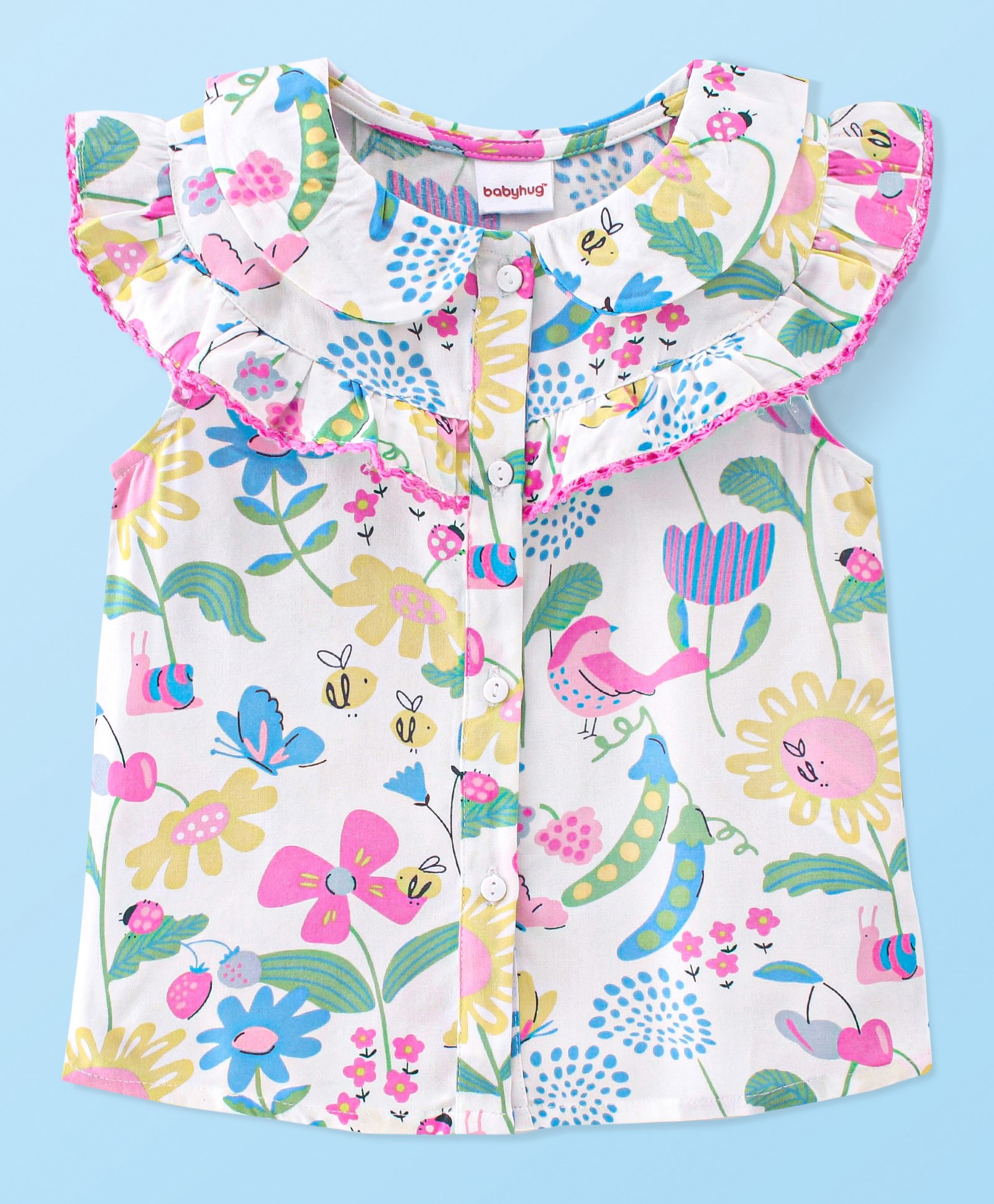 Babyhug Front Open Rayon Woven Sleeveless Top with Floral Print & Frill Detailing- White-picture-22