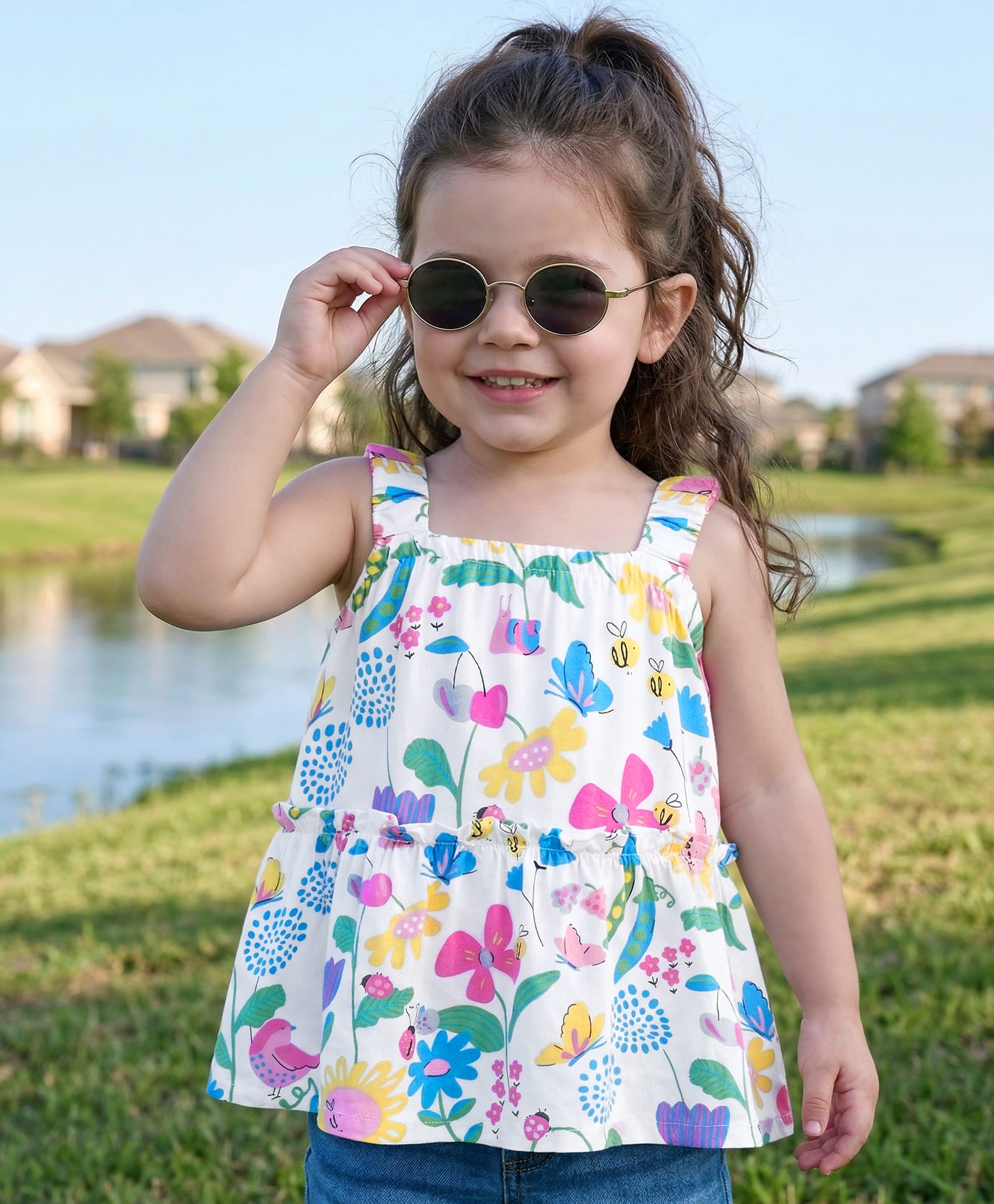 Babyhug Rayon Woven Sleeveless  Top Floral Print- White