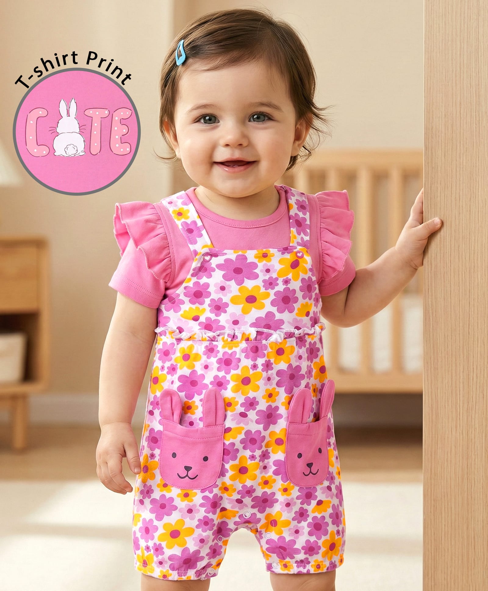 Babyoye Cotton 100% Cotton Eco Jiva Finish Romper with Frill Sleeves Tee Bunny Print & Applique - Pink-image-25