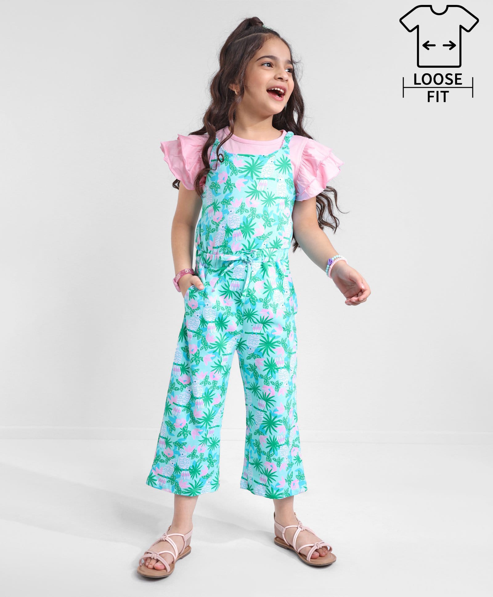 Ollington St. 100% Cotton Woven Floral Printed Dungaree & Frill Half Sleeves T-Shirt- Pink & Blue-picture-26