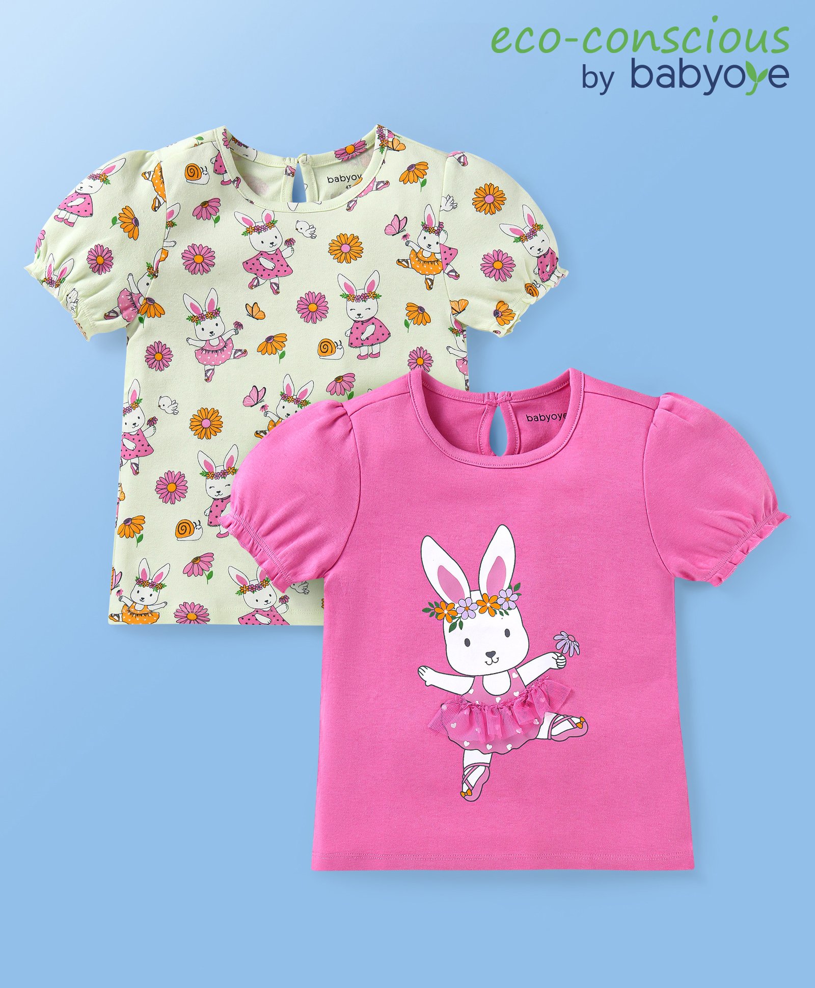 Babyoye 100% Cotton with Eco Jiva Finish Half Sleeves Bunny Printed Tops Pack of 2 - Pista & Pink-image-4