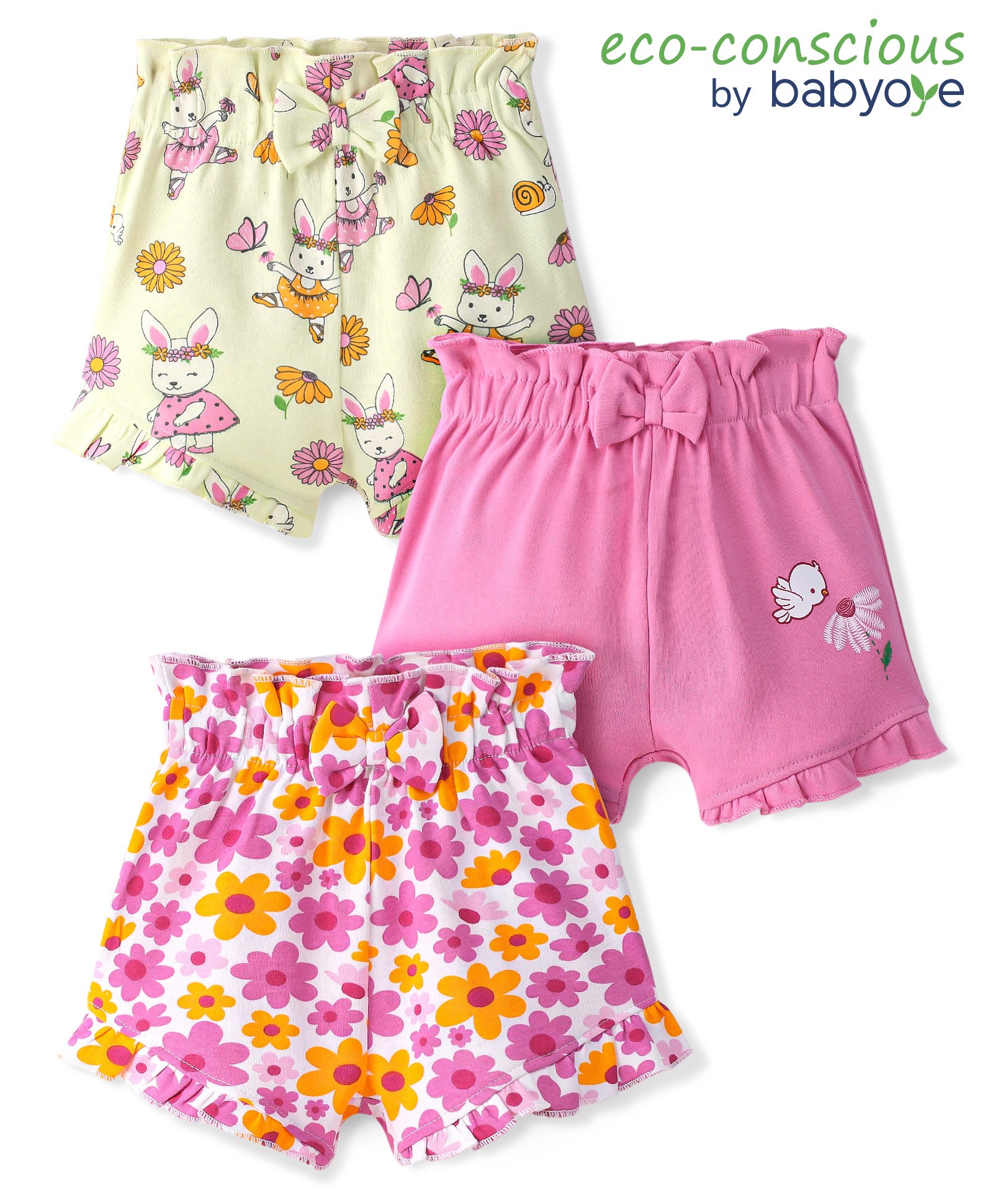 Babyoye 100% Cotton with Eco Jiva Finish Floral & Bunny Printed Shorts with Bow Applique Pack of 3 - Pink Pista Green & White-image-8