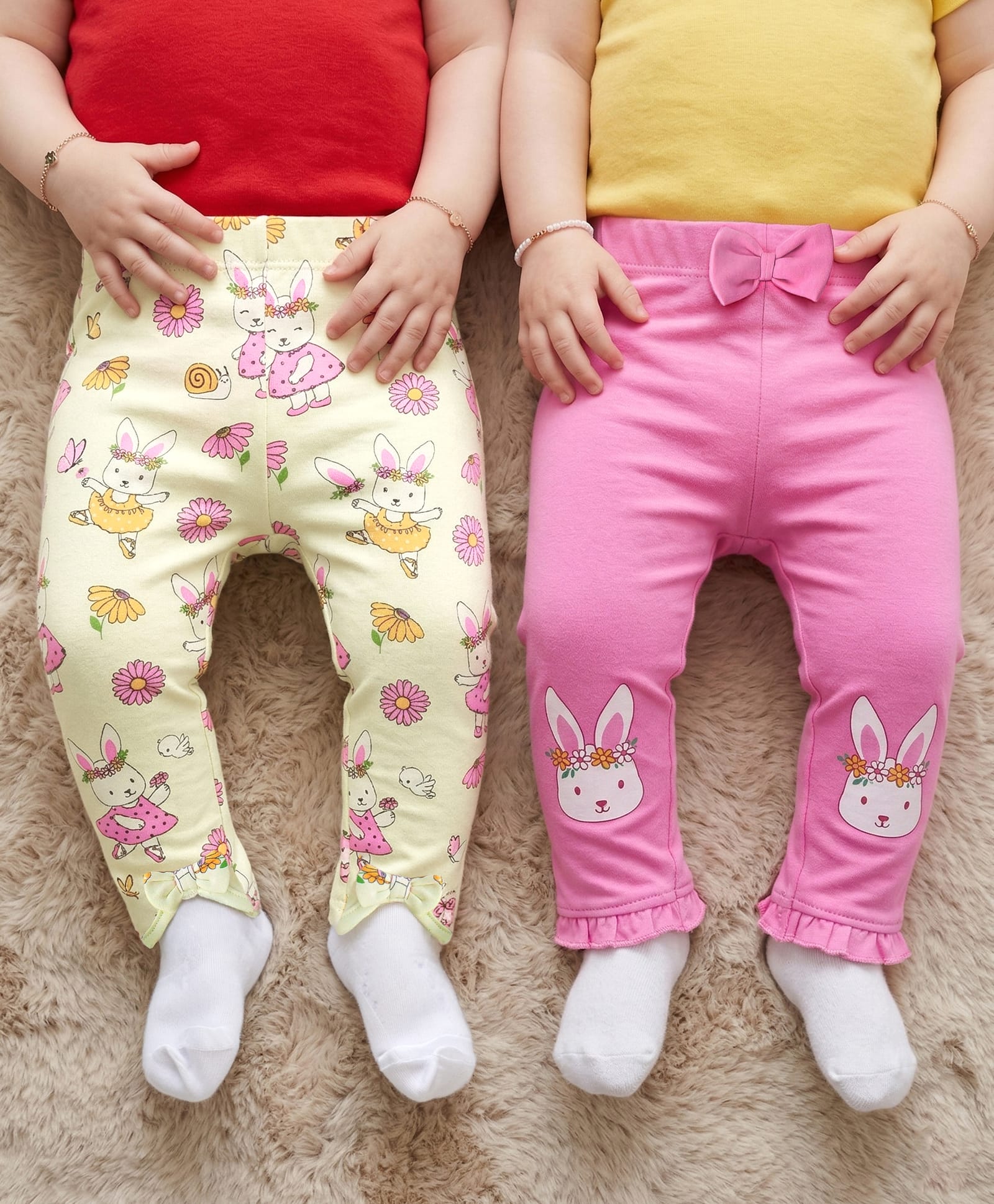 Babyoye 100% Cotton with Eco Jiva Finish Bunny Printed Leggings with Bow Applique Pack of 2 - Pista & Pink-picture-27