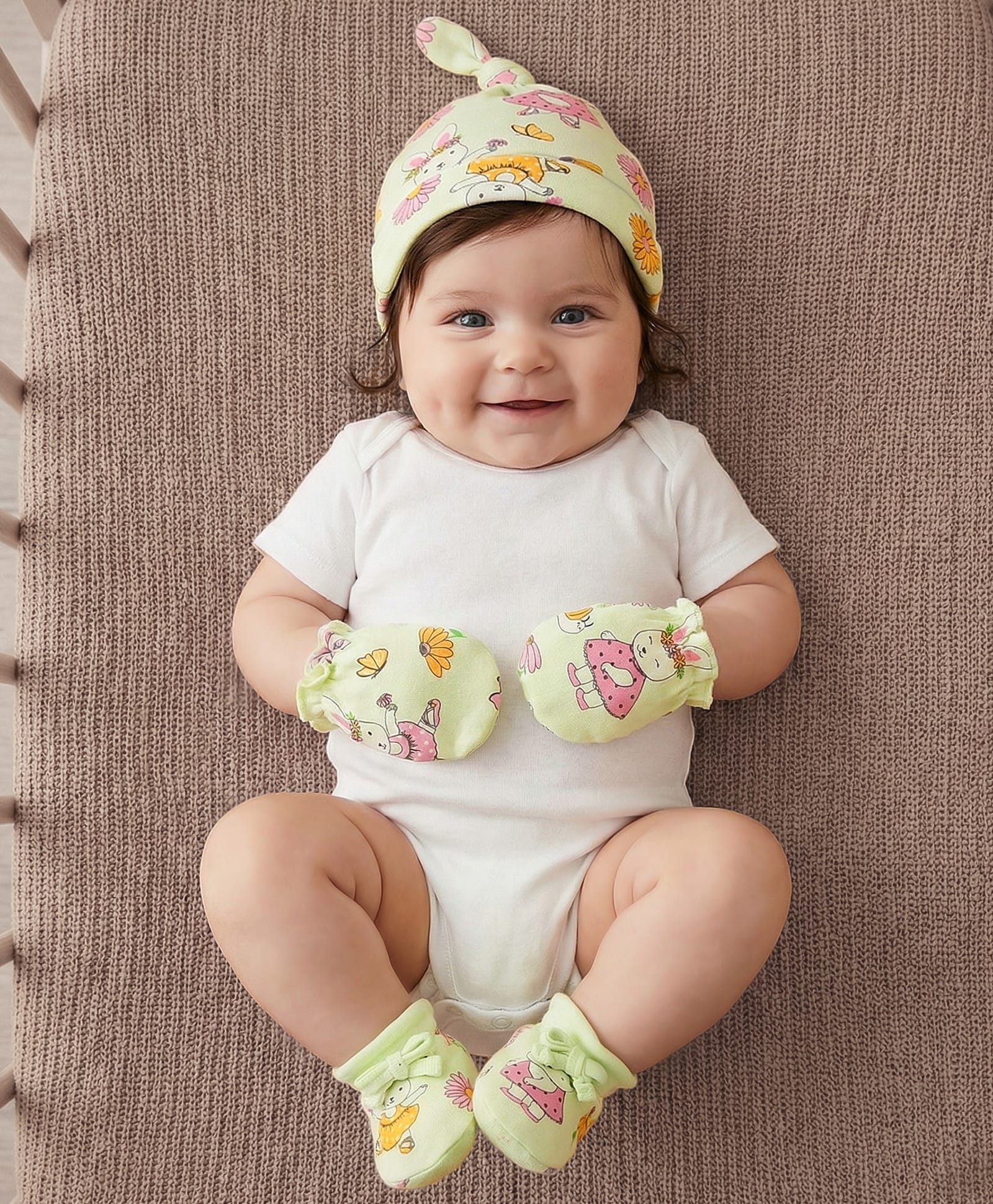 Babyoye  100% Cotton with Eco Jiva Finish Solid Dyed Na Caps Mittens & Booties Set Bunny Print - Pista Green-image-47