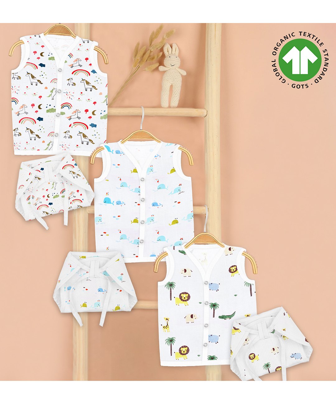 Mom's Home Pack Of 3 Organic Cotton Muslin Sleeveless Baby Animals Printed Jhablas with Coordinating Nappy Set - Yellow & White-image-48
