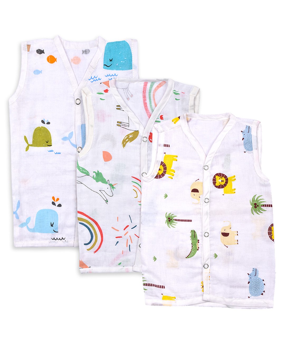 Mom's Home Pack Of 3 Organic Cotton Muslin Sleeveless Baby Animals Printed Jhabla Set - Yellow & White-image-39