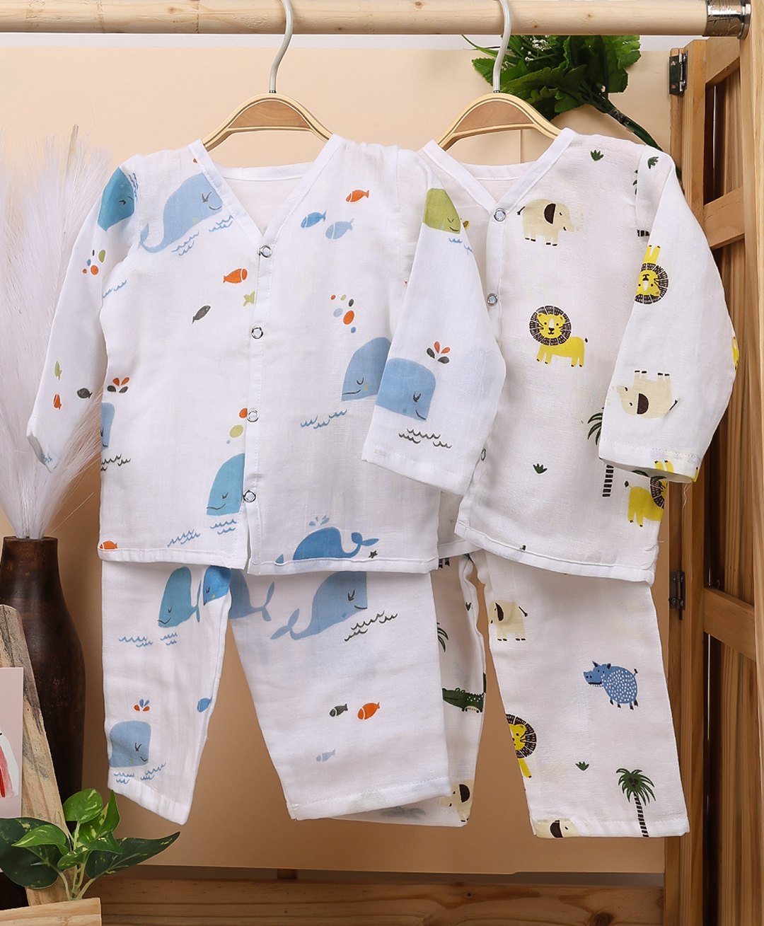 Mom's Home Pack Of 2 Organic Cotton Muslin Full Sleeves Baby Animal Printed Coordinating Jhabla Set - Yellow & White-picture-37