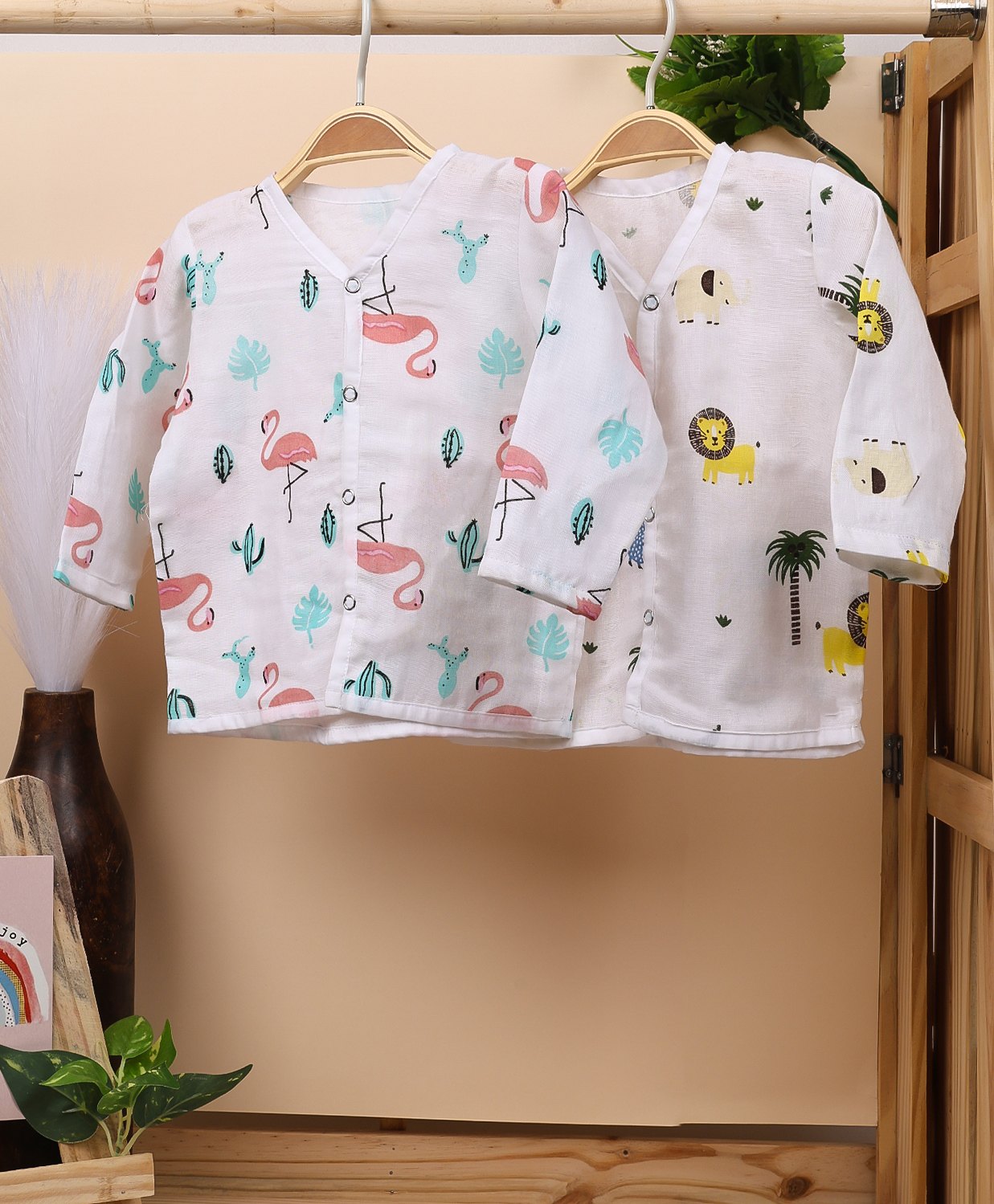 Mom's Home Pack Of 2 Organic Cotton Muslin Full Sleeves Baby Animals Printed Jhablas -  Yellow & White-picture-33