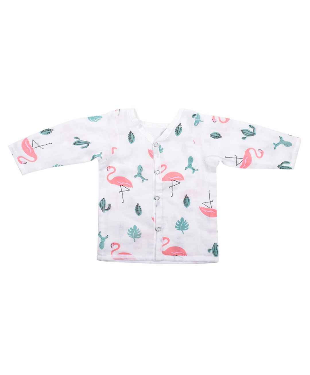 Mom's Home Organic Cotton Muslin Full Sleeves Flamingo Printed Jhabla - Pink & White-image-48