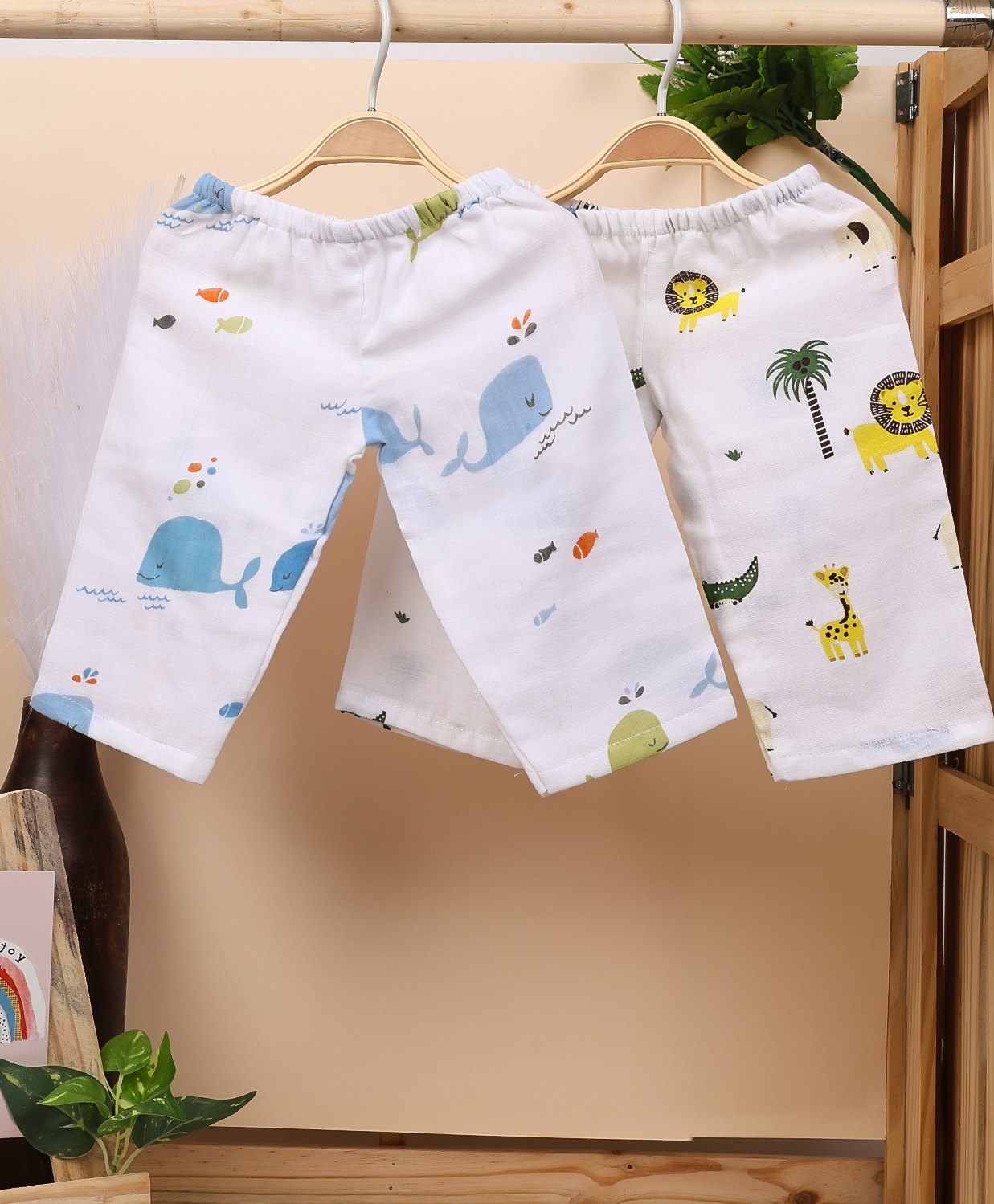 Mom's Home Organic Cotton Muslin Pack Of 2 Forest Animals & Whale Printed Pants - Blue & White-picture-26