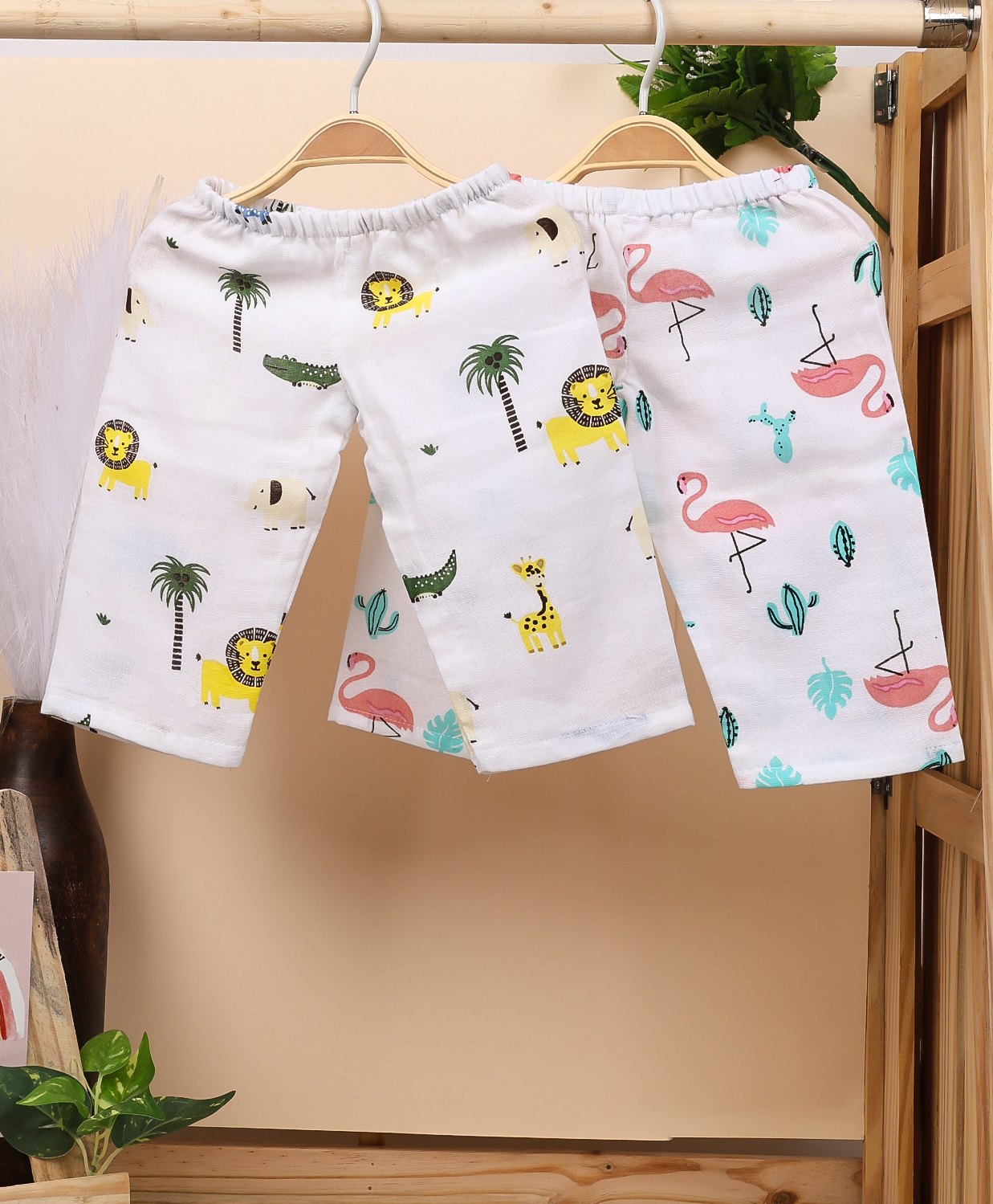 Mom's Home Organic Cotton Muslin Pack Of 2 Forest Animals & Flamingo Printed Pants - Yellow & Pink-picture-19