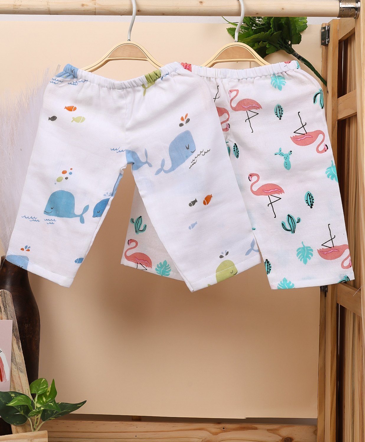 Mom's Home Organic Cotton Muslin Pack Of 2 Whale & Flamingo Printed Pants - Blue & Pink-picture-11