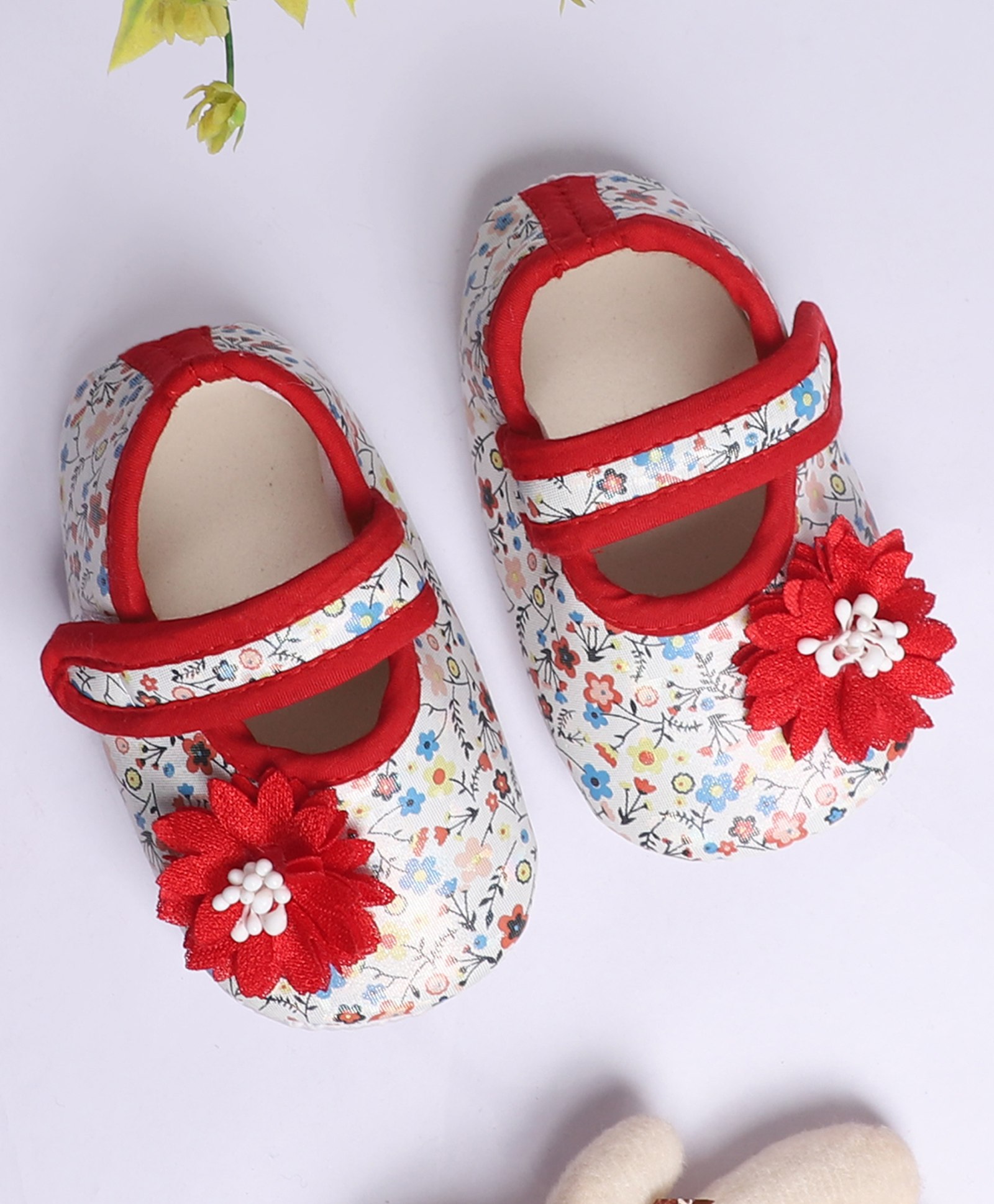 Coco Candy Flower Applique Detailed & Printed Booties - Red & White-picture-26