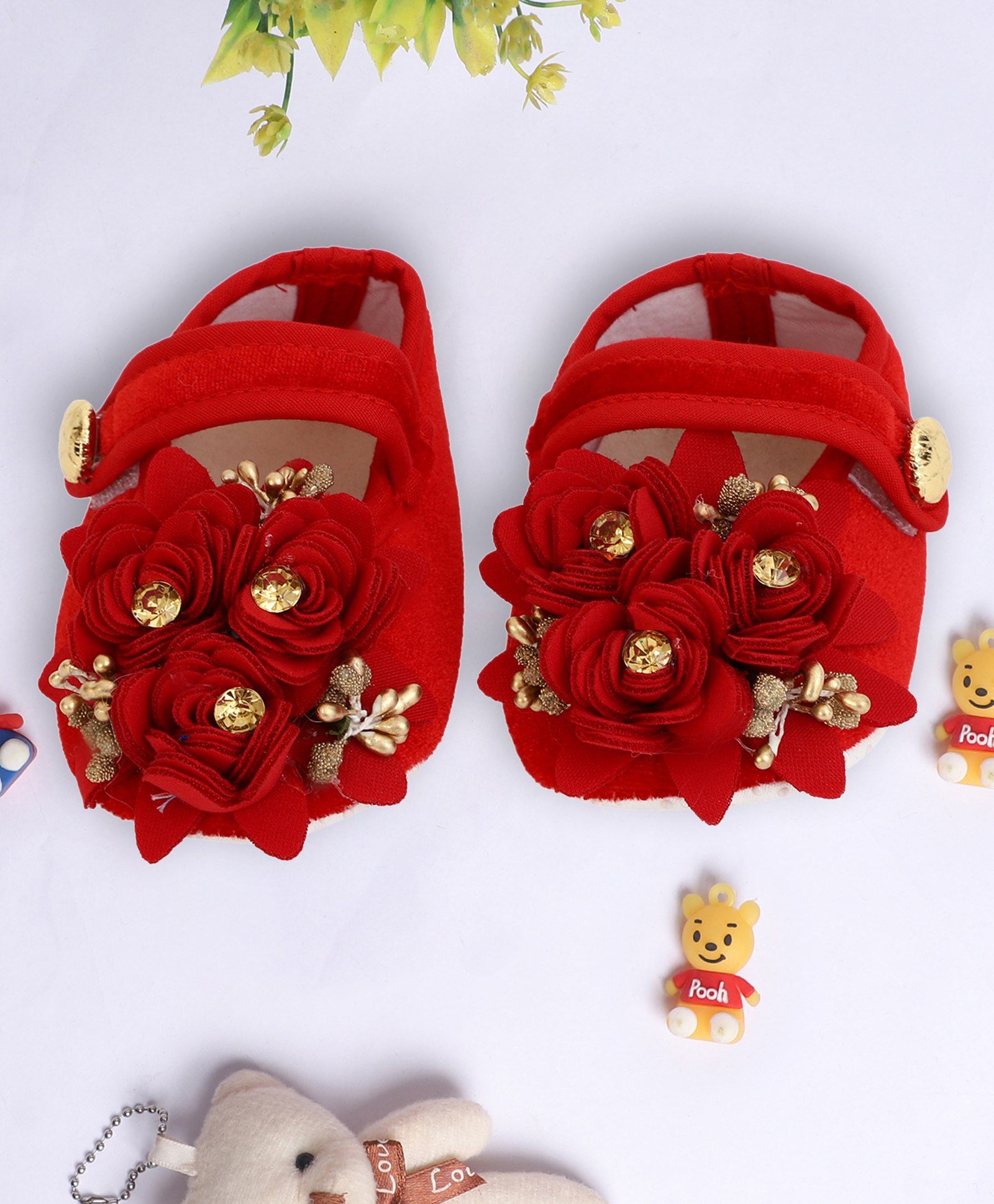 Coco Candy Floral Applique Detailed Velvet Booties - Red-picture-10