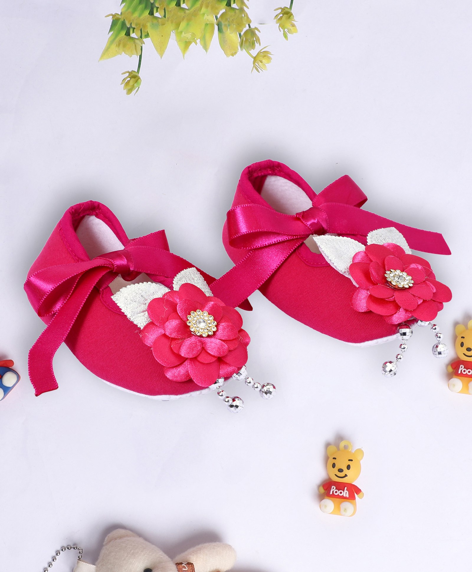 Coco Candy Floral Applique Detailed  Ribbon Tie Up Booties - Hot Pink-picture-19