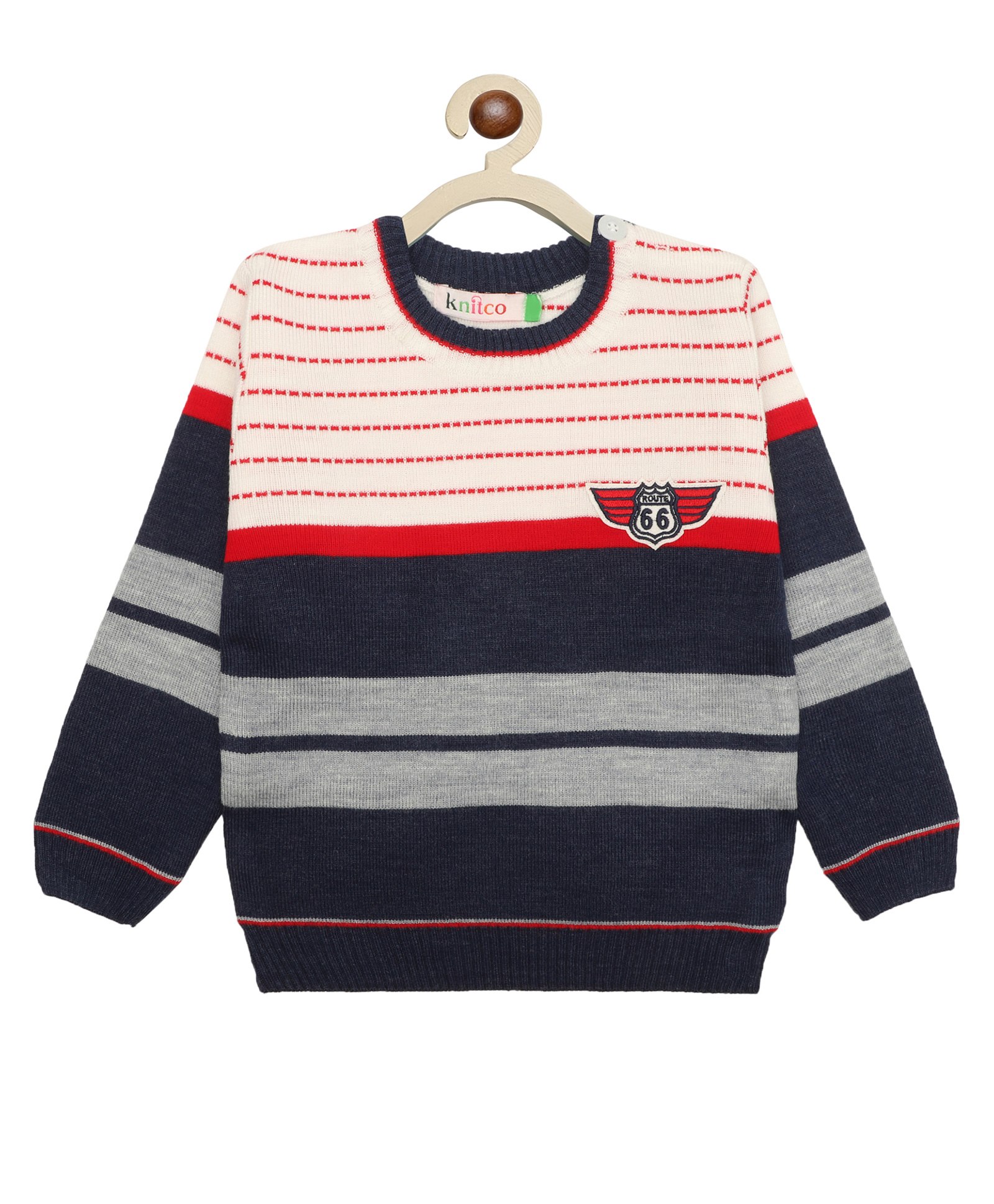 KNITCO Full Sleeves Route 66 Patch Detailed & Striped Designed Sweater - Red & Navy Blue-picture-12