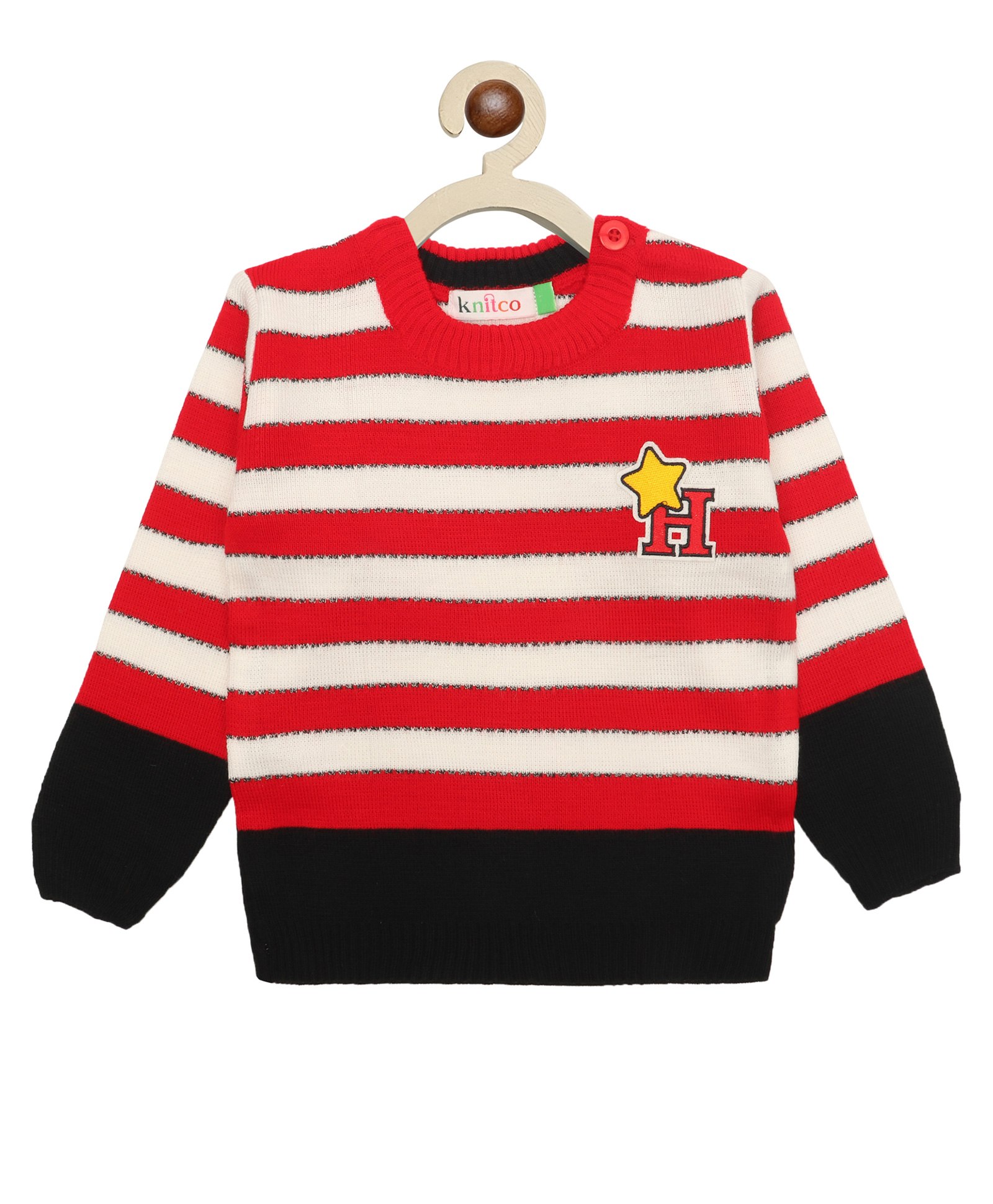 KNITCO Full Sleeves Star Patch Detailed & Striped Designed Sweater - Red-picture-10