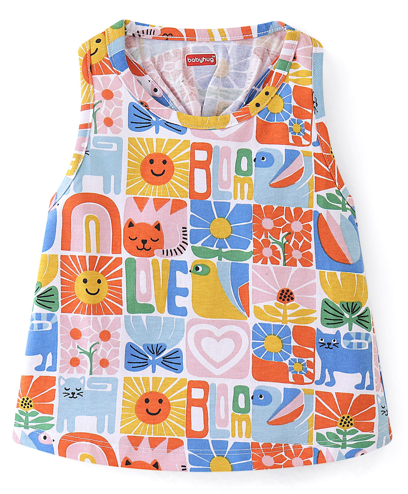 Babyhug Cotton Knit Sleeveless Striped T-Shirt Floral Print - Multicolor-image-2