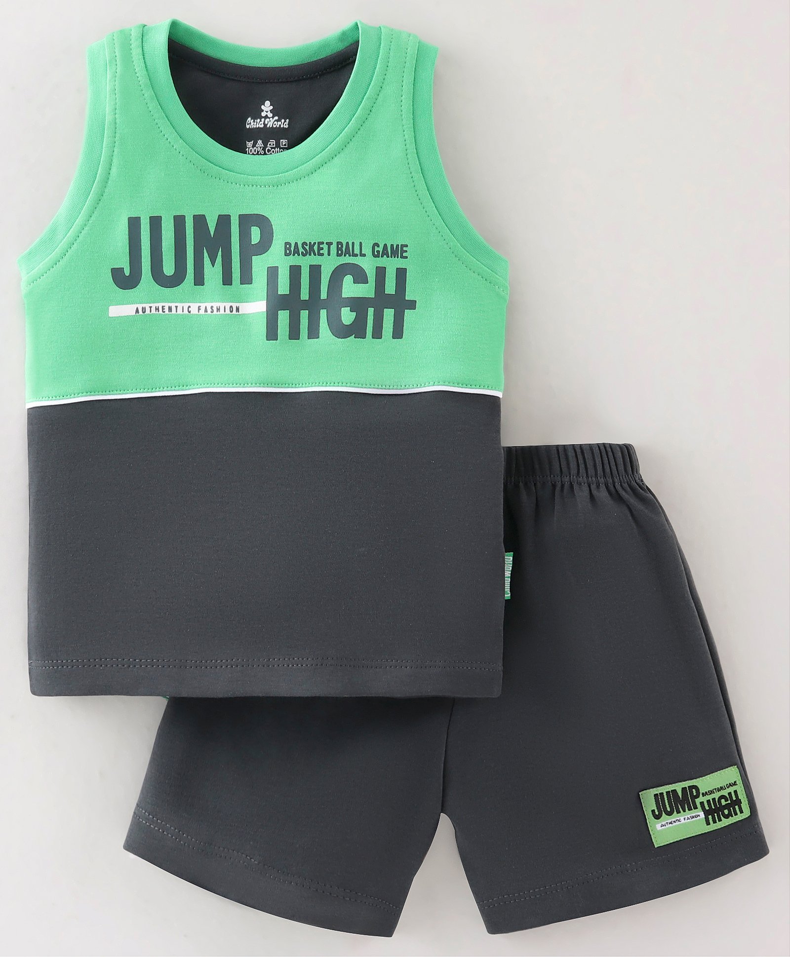 Child World Cotton Interlock Knit Sleeveless T-Shirt And Shorts Set Text Print - Green-picture-18