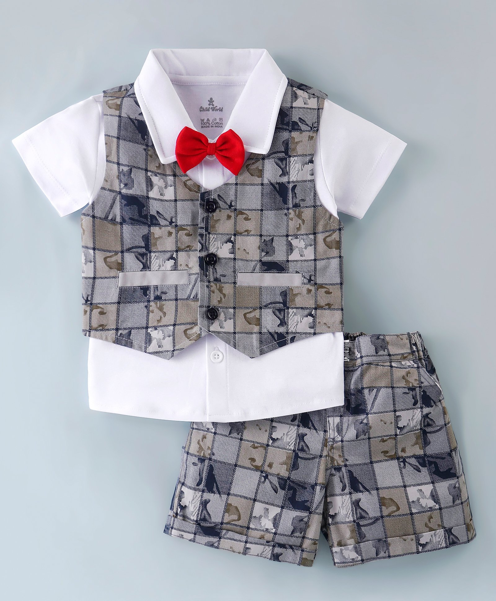 Child World Cotton Woven Half Sleeves Party Suits with Bow CheckeredPrinted - Grey-picture-15