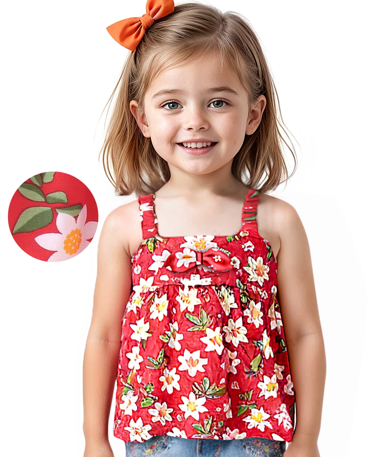 Babyhug Cotton Knit Sleeveless Top with Floral Print and Bow Detailing- Red-image-28