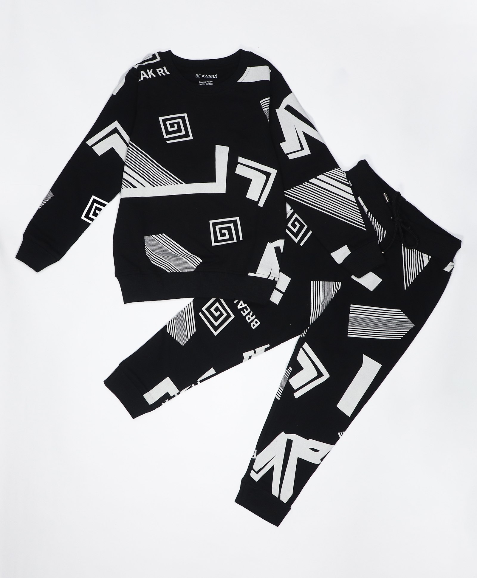 Be Awara Full Sleeves Abstract Pattern Printed Cotton Sweatshirt & Joggers Set - Black-picture-0
