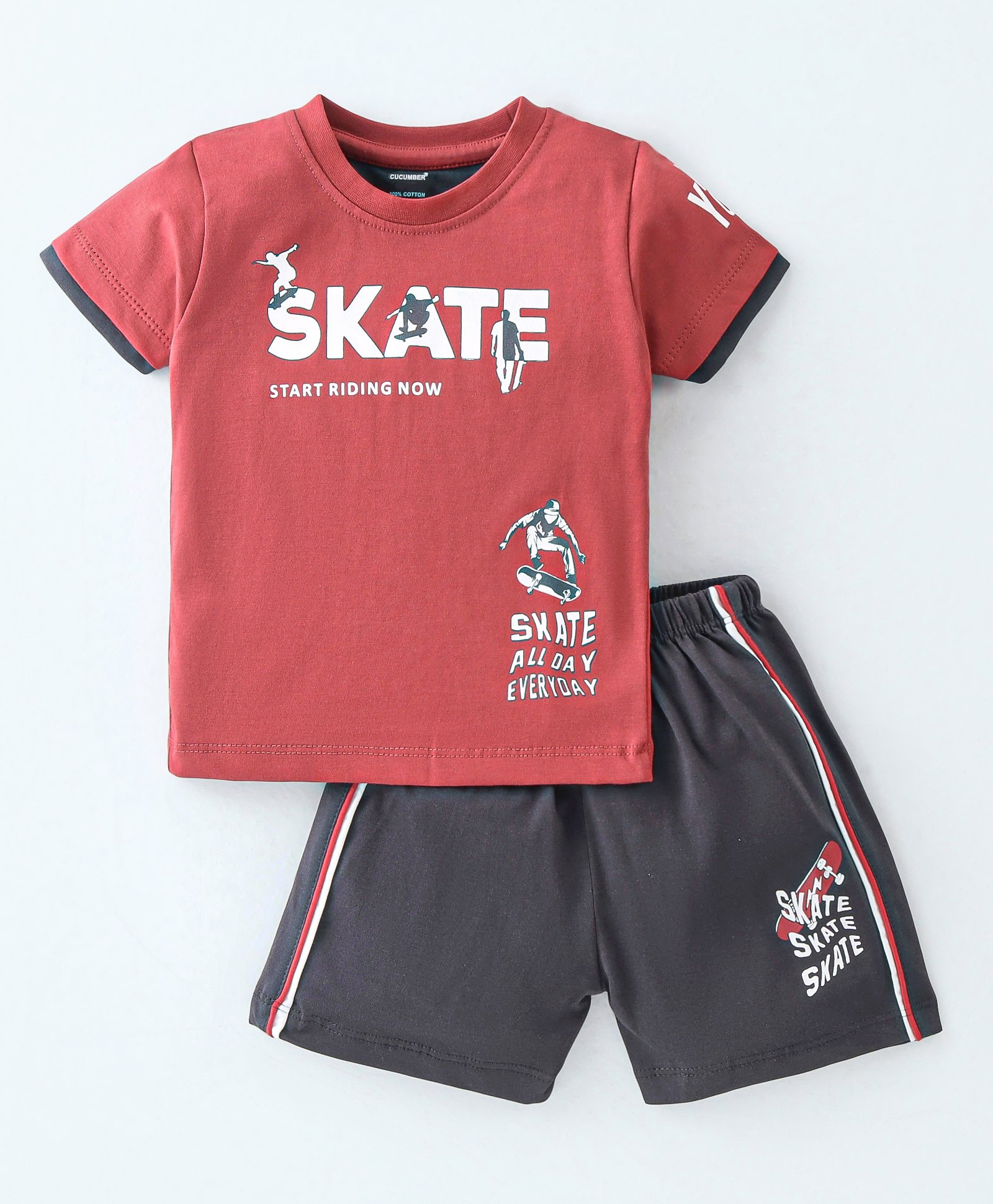 CUCUMBER Sinker Knit Half Sleeves T-Shirt & Shorts Set Skate Print - Red-picture-27