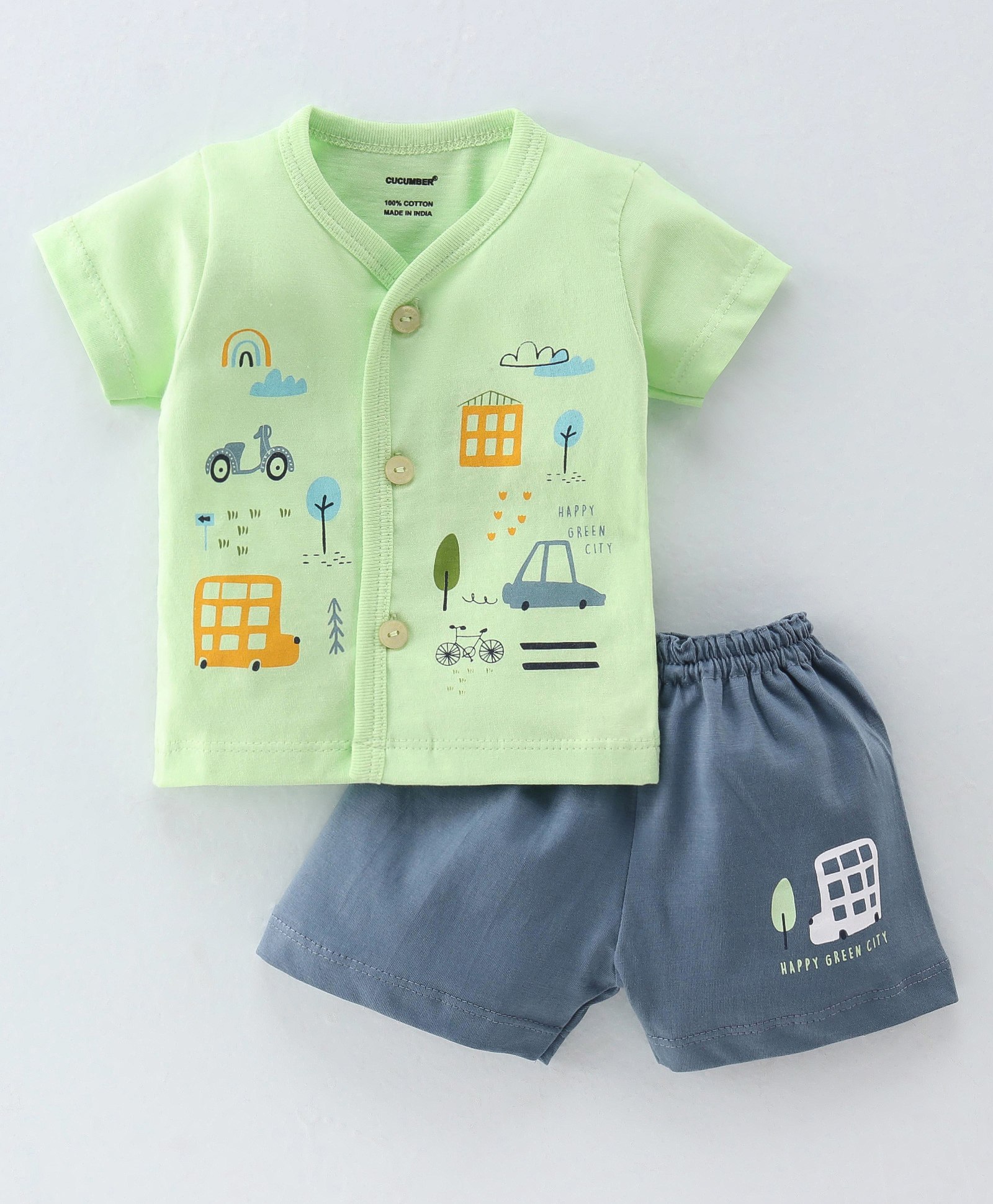 CUCUMBER Sinker Half Sleeves Night Suit With Car Theme Print - Green-picture-27