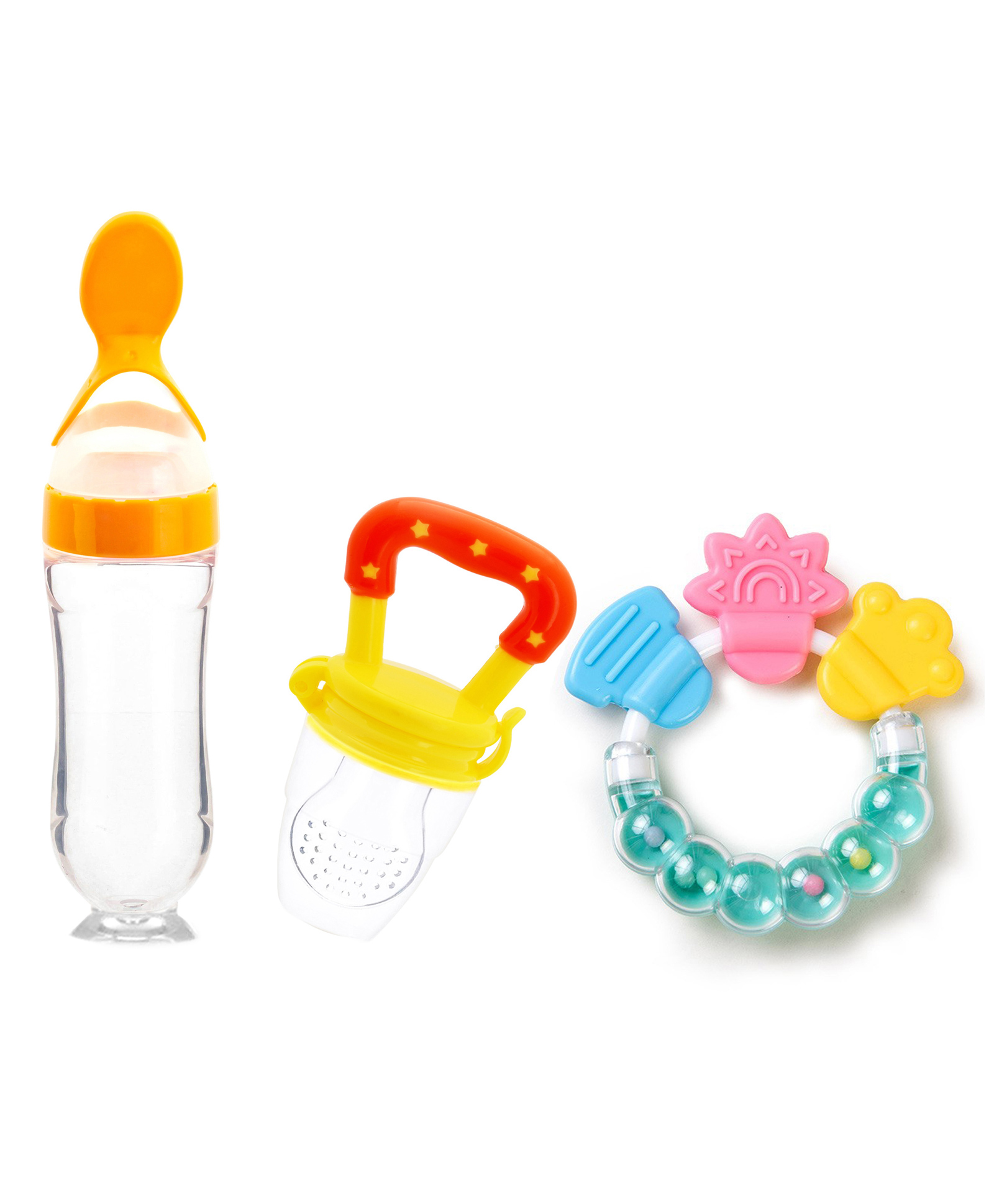 FANTASY INDIA Combo of Fruit And Food Nibbler Spoon Feeder and Rattle Teether- Yellow-image-46