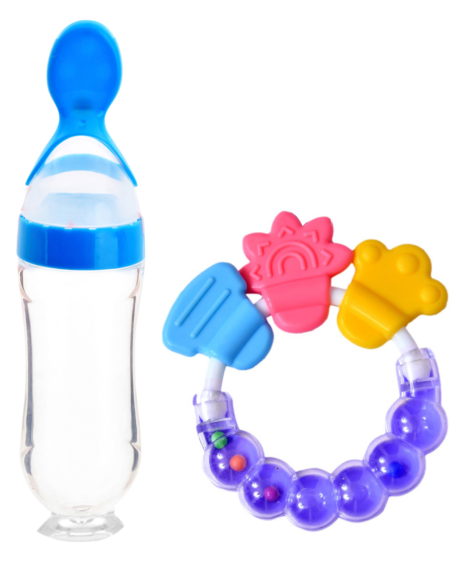 Silicone Squeezy Food Feeder Bottle With Spoon & Rattle Teether - Blue-image-36
