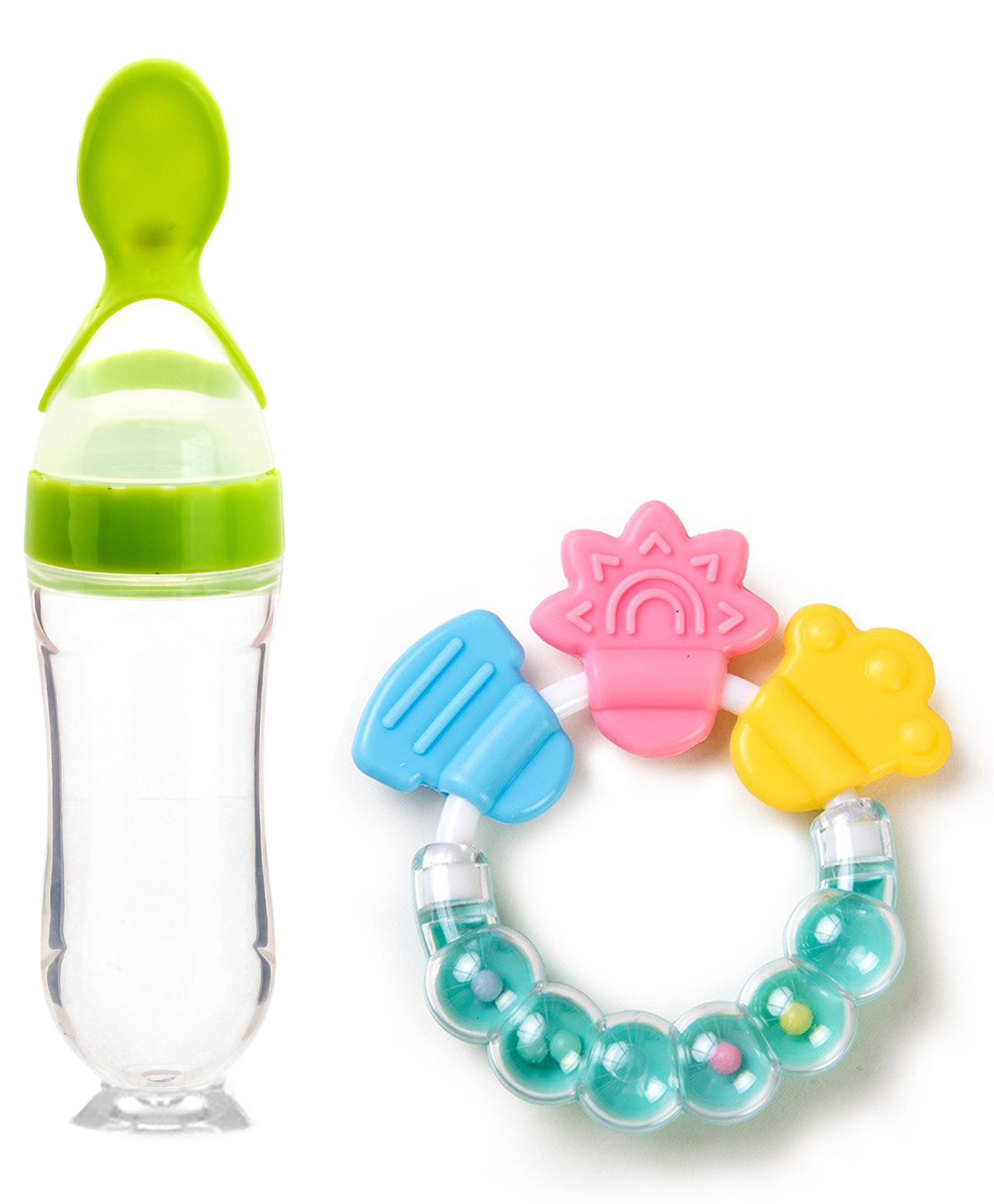 Silicone Squeezy Food Feeder Bottle With Spoon & Rattle Teether - Green-image-38
