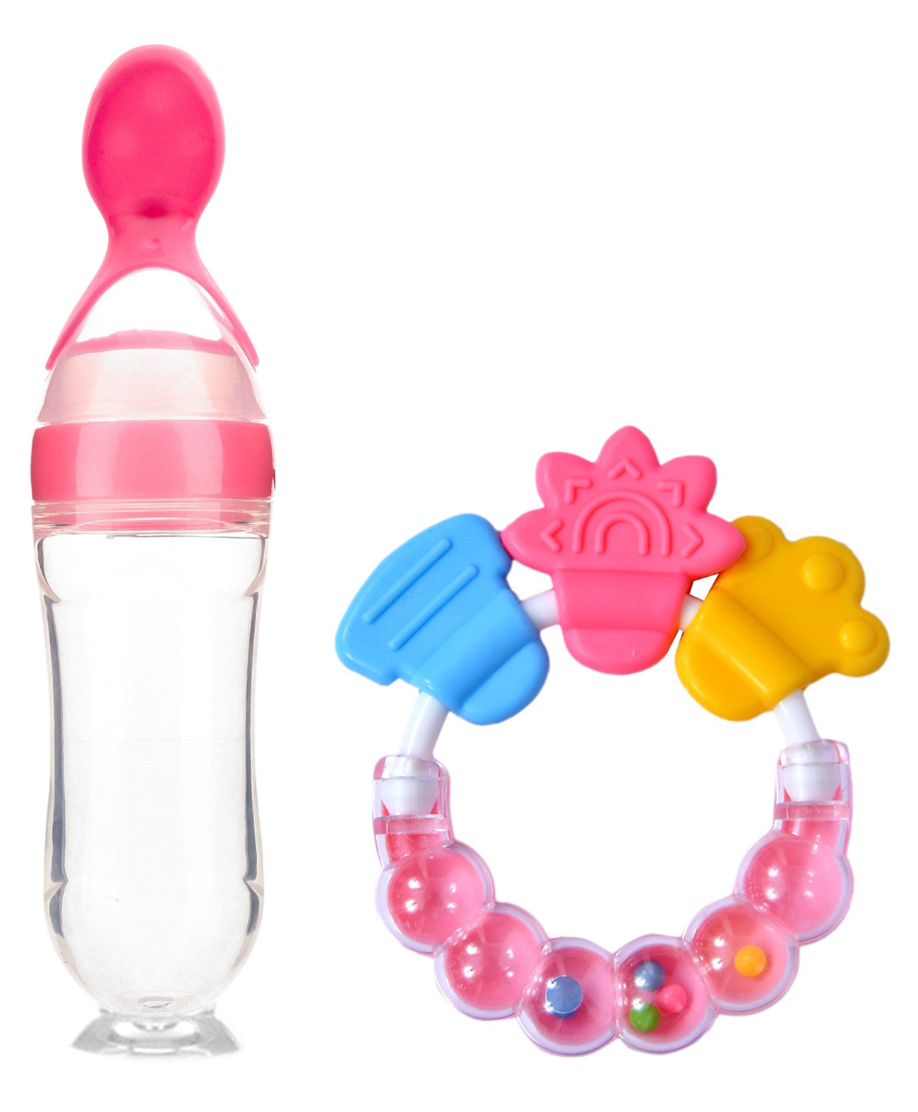 Silicone Squeezy Food Feeder Bottle With Spoon & Rattle Teether - Pink-image-49