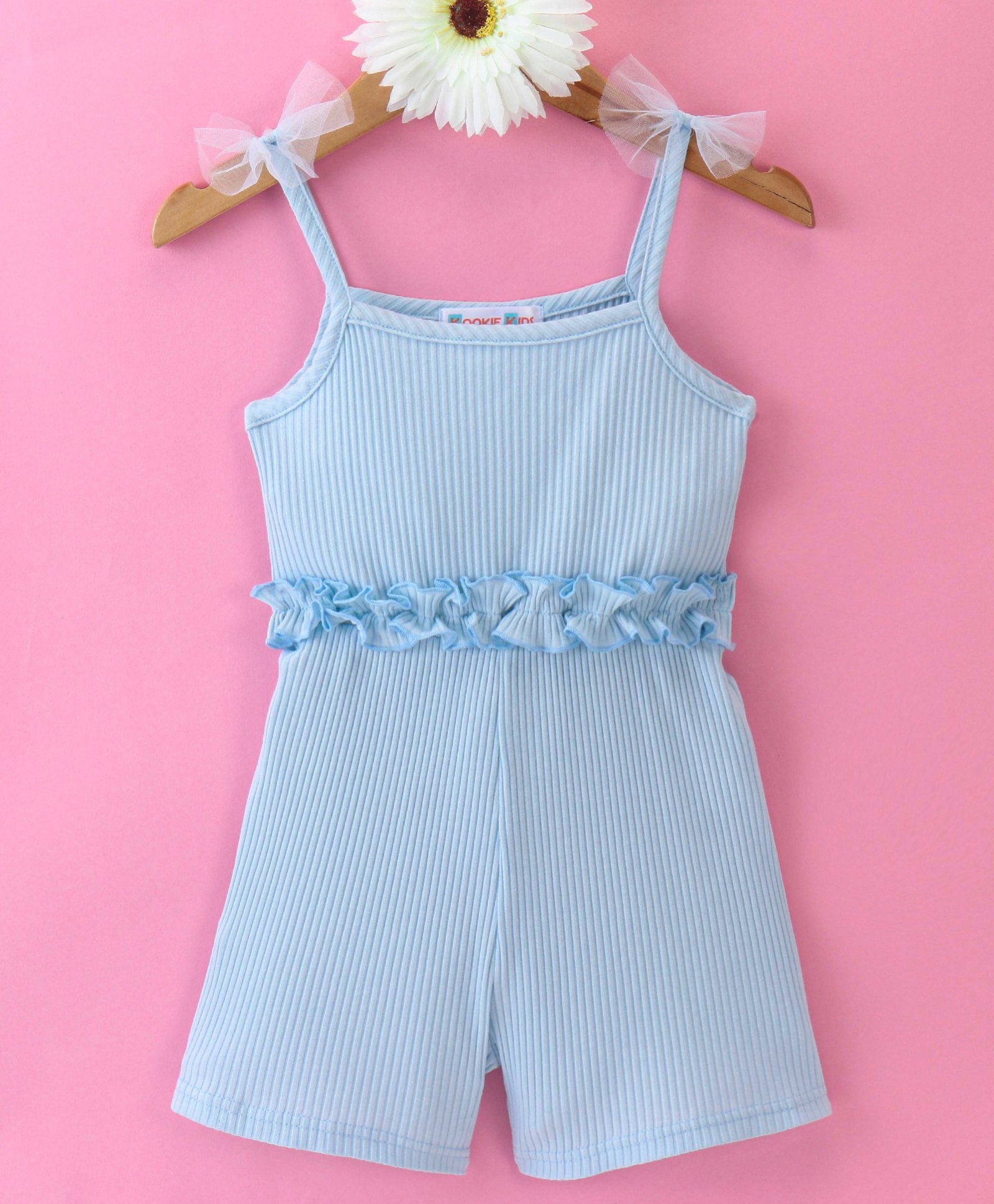 Kookie Kids Sleeveless Jumpsuit with Frill Detailing & Bow Applique- Blue-picture-18