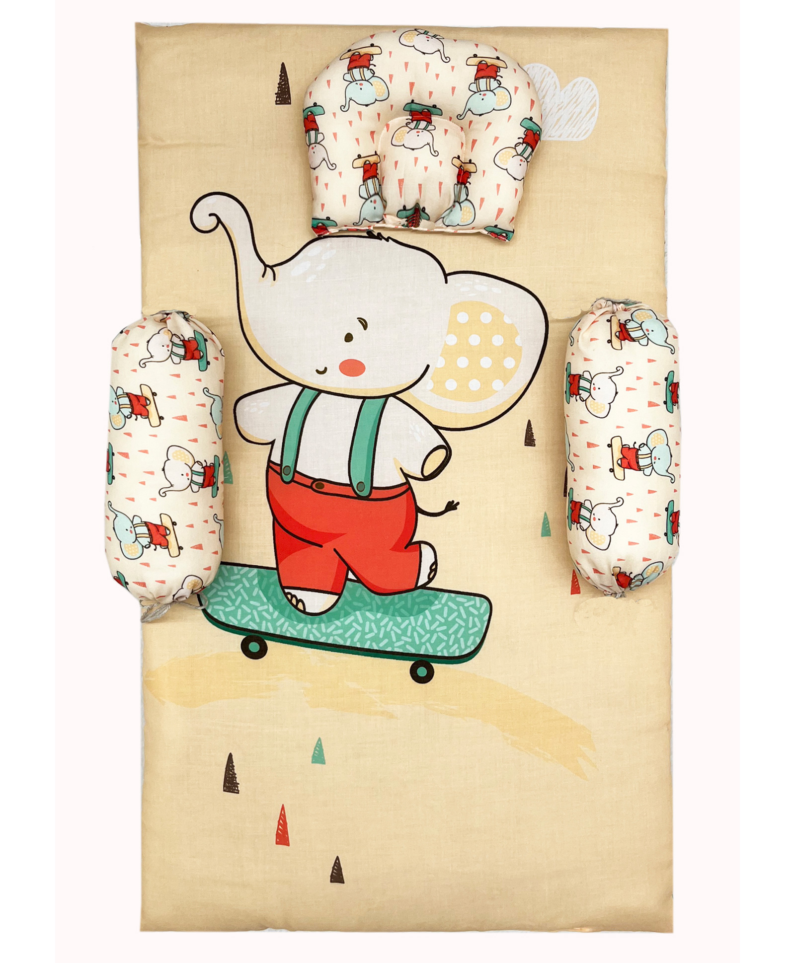 NEW COMERS Baby Bedding Set Cotton 4 Pieces Foldable Set with Pillow Bolsters Elephant Print - Light Orange-image-22