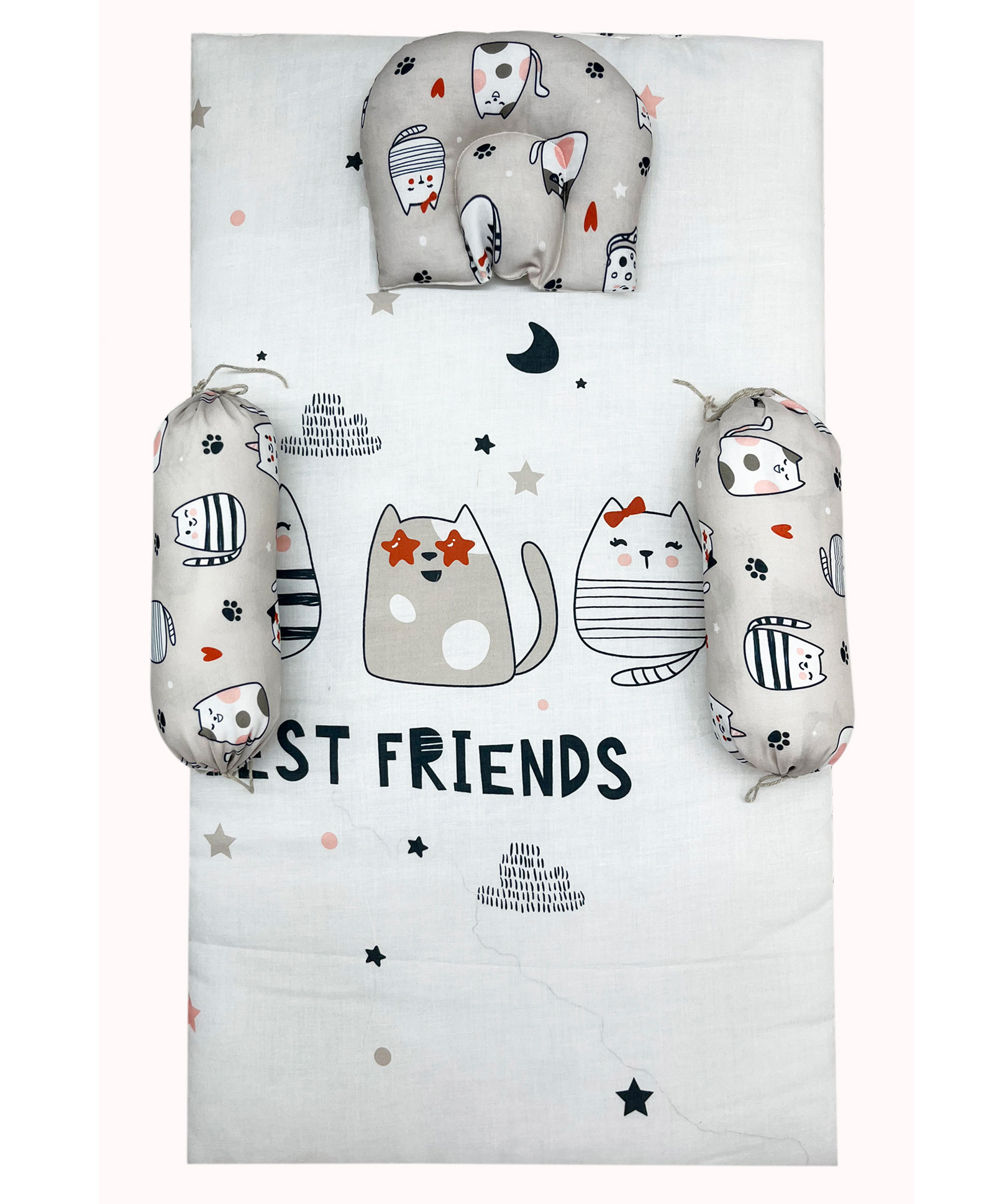NEW COMERS Baby Bedding Set Cotton 4 Pieces Foldable Set with Pillow Bolsters Cat Print - Light Grey-image-17