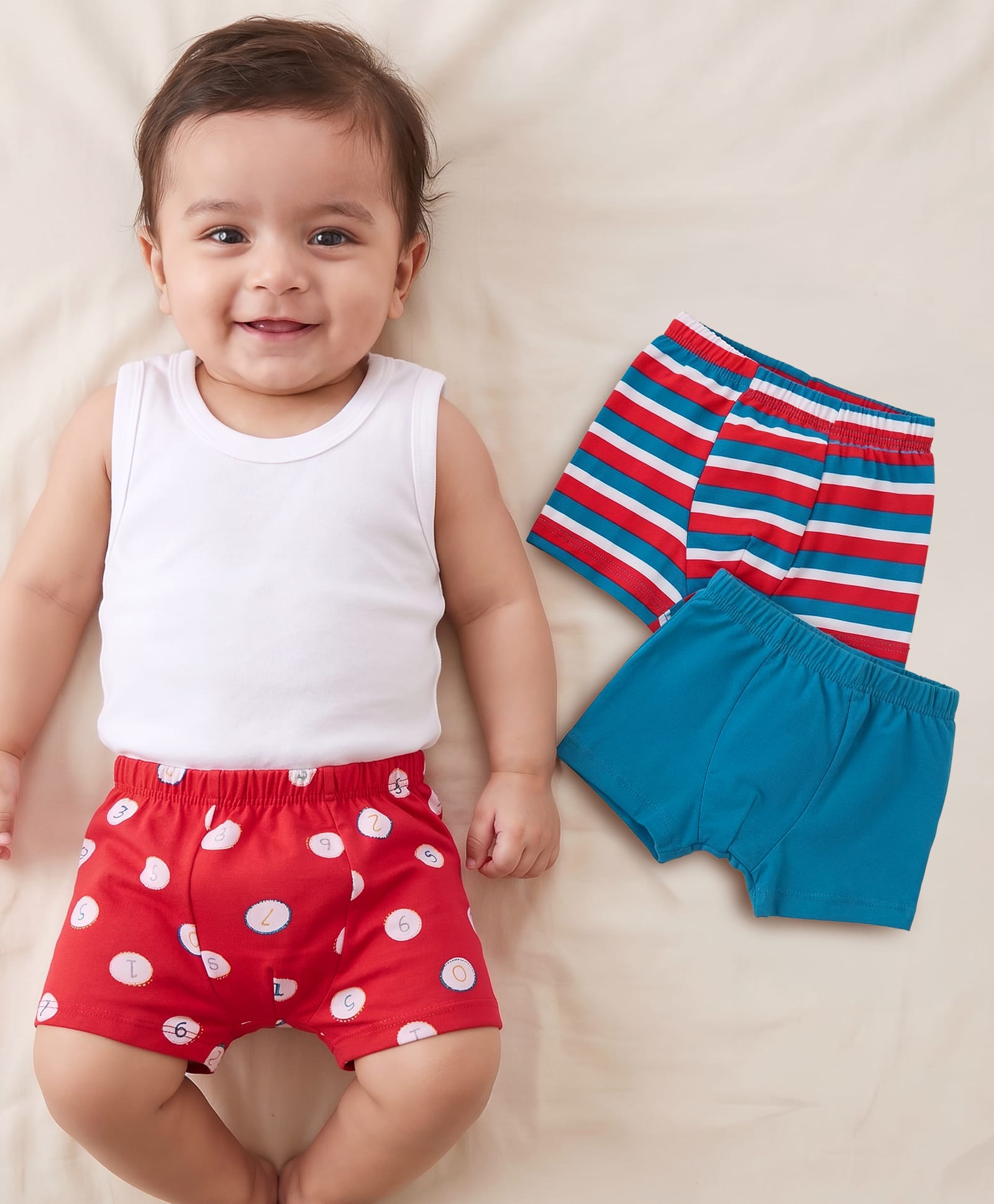 Babyhug 100% Cotton Knit Boxers  Solid Number & Striped  Print Pack of 3- Red & Blue-image-36