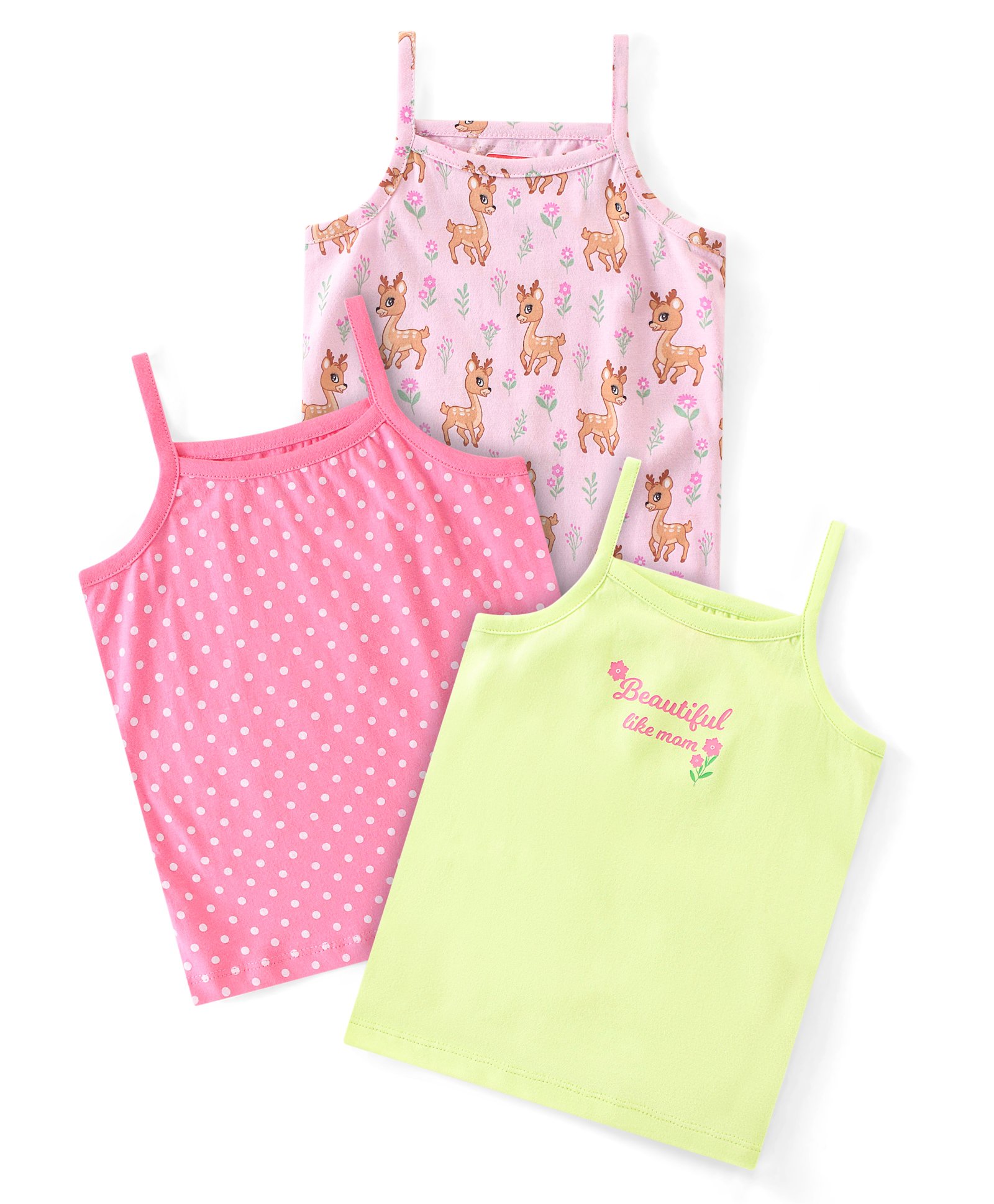 Babyhug 100% Cotton Knit Sleeveless Slips with Polka Dot Deer & Text Print Pack of 3 - Multicolour-picture-18