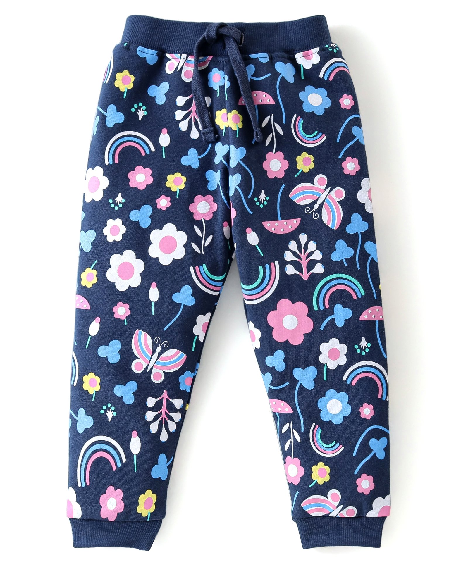 Babyhug Cotton Knit Full Length Track Pant Floral & Butterfly Print - Navy Blue-image-21