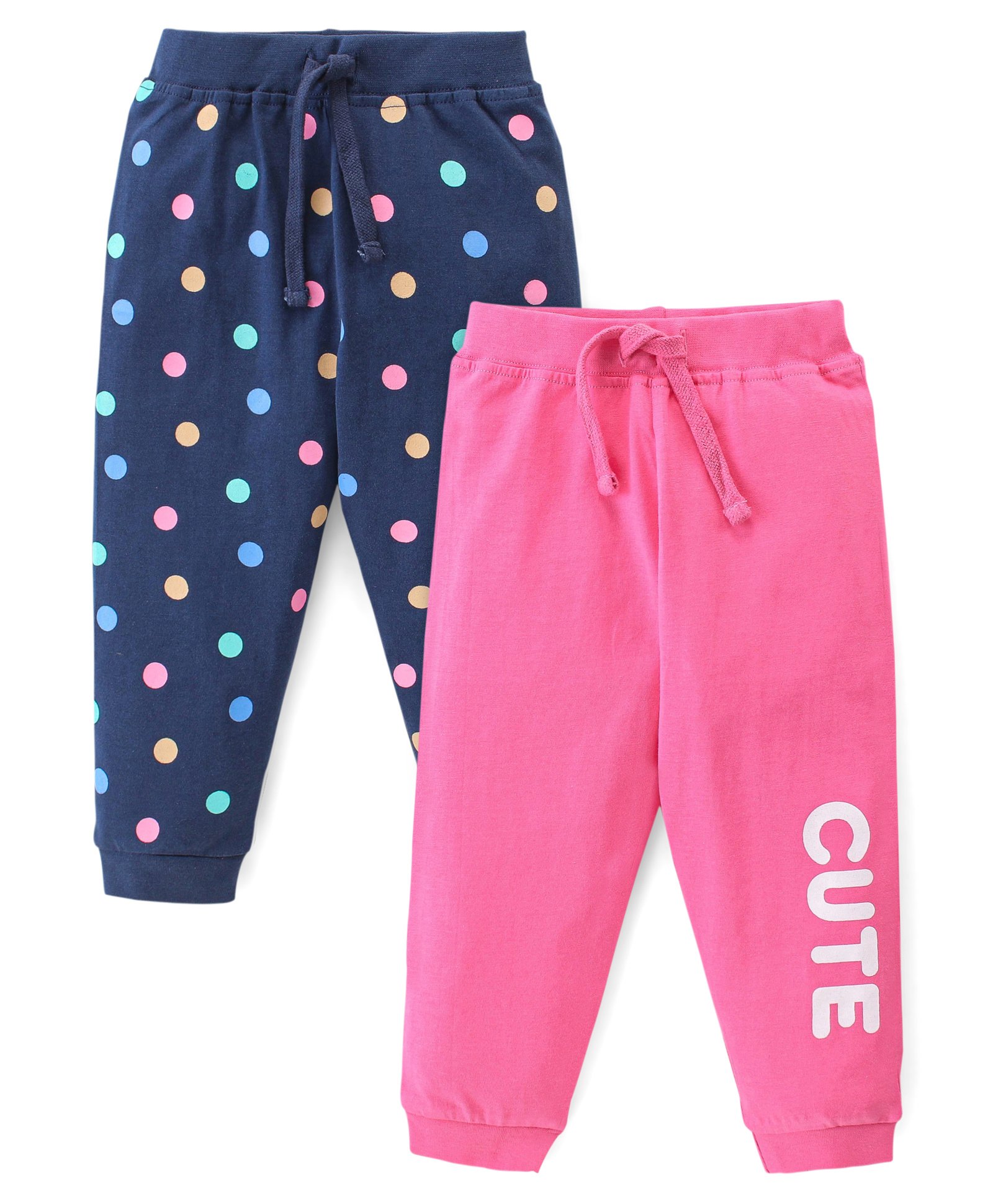 Babyhug Cotton Looper Full Length Lounge Pants Polka Dot & Cute Print Pack of 2 - Navy & Pink-picture-28