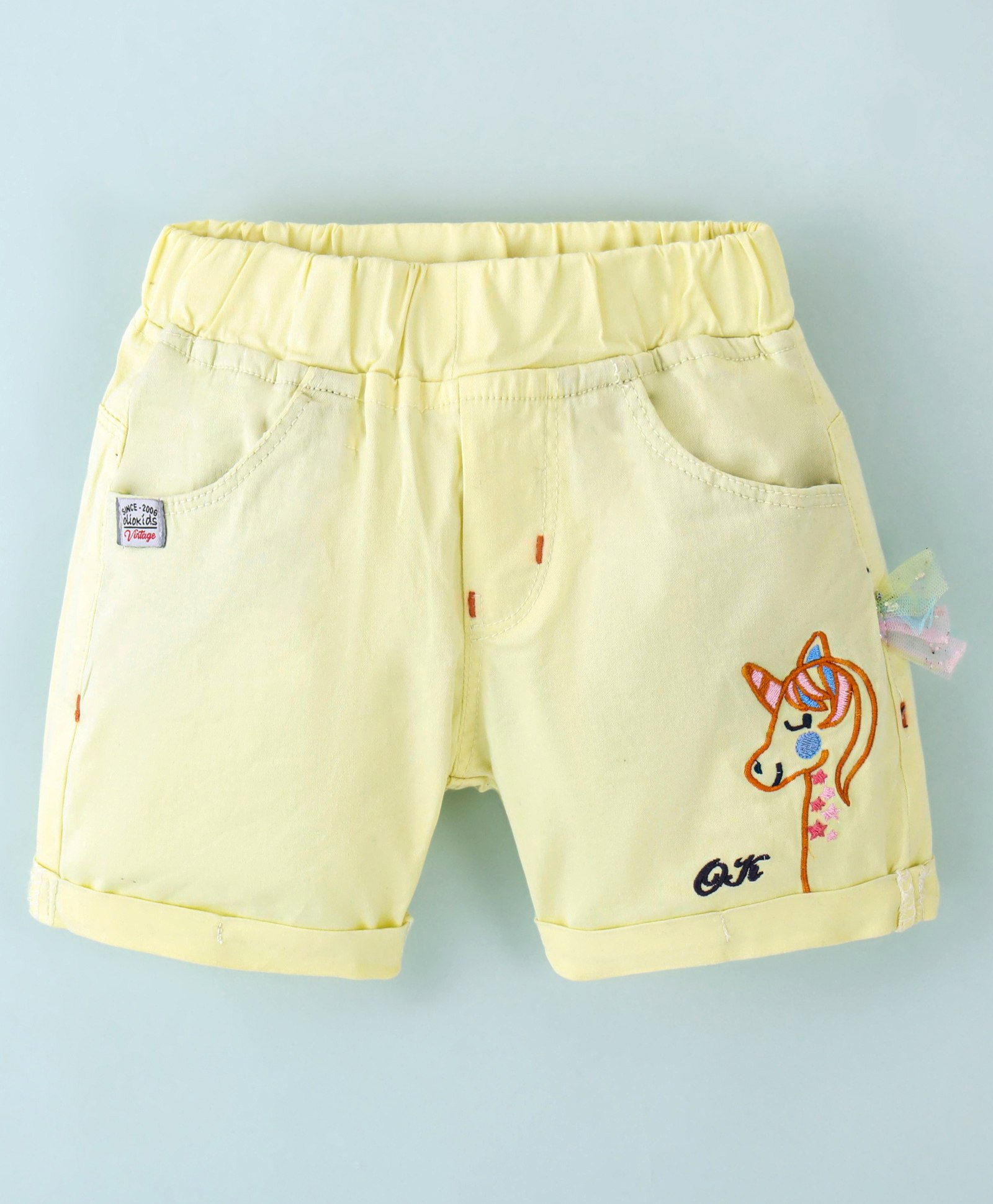 Olio Kids Cotton Woven Knee Length Shorts With Unicorn Embroidery - Yellow-picture-23