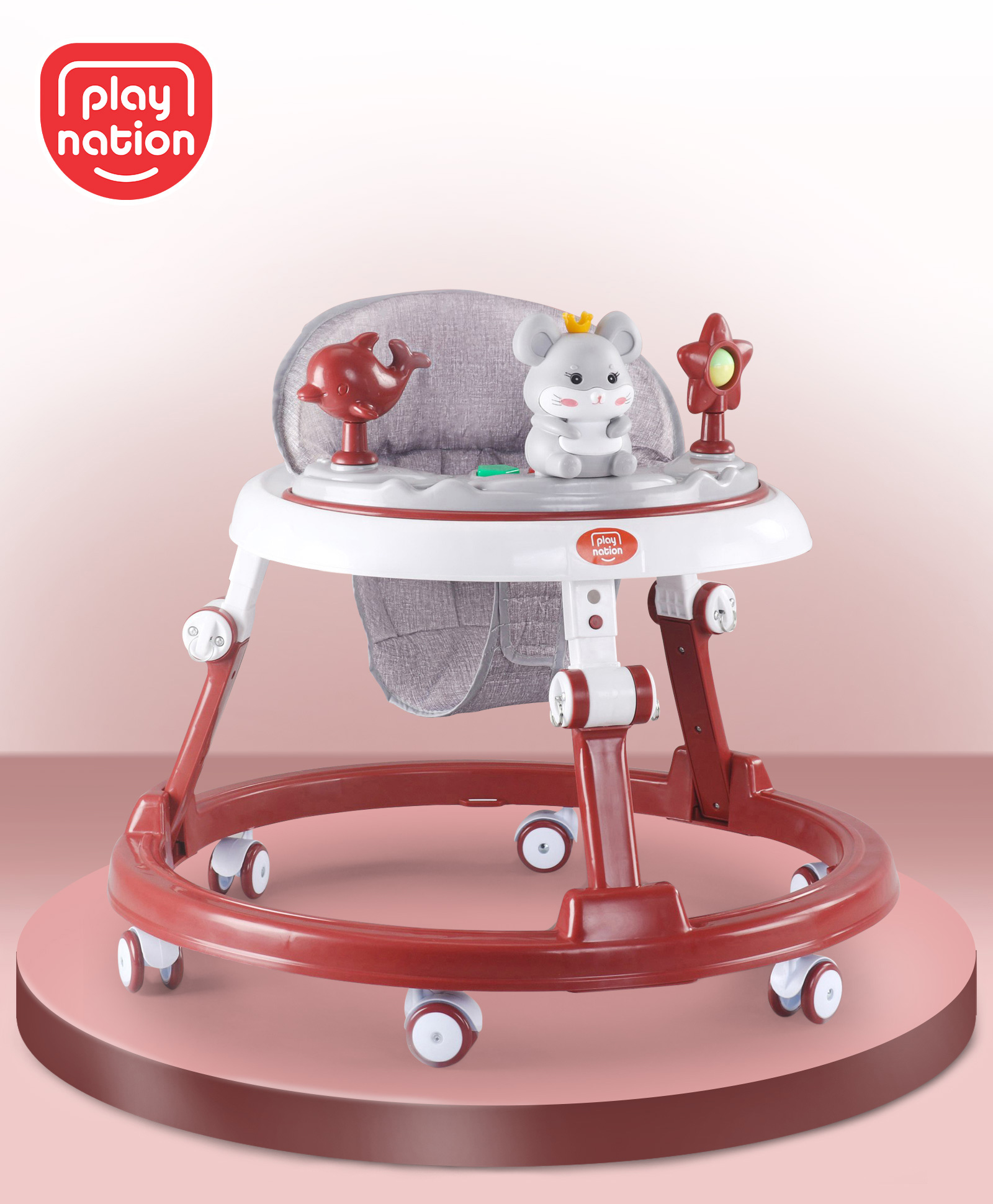Play Nation Multifunctional 360° Baby Walker with 2 Level Height Adjustment & Musical Play Tray Cum Feeding Tray -  Red-picture-23