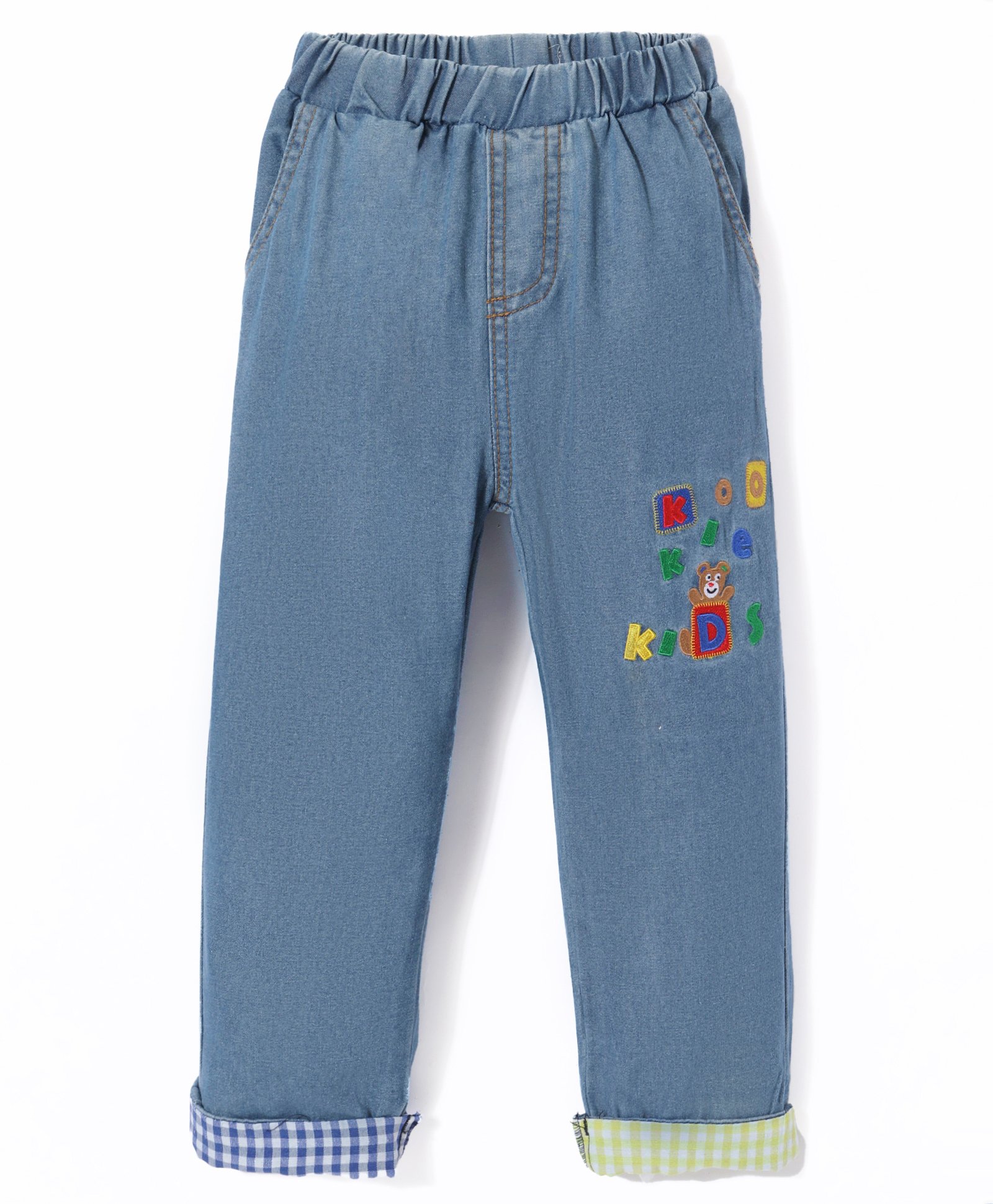 Kookie Kids Full Length Text Embroidered & Checks Detailing Jeans - Blue-picture-18