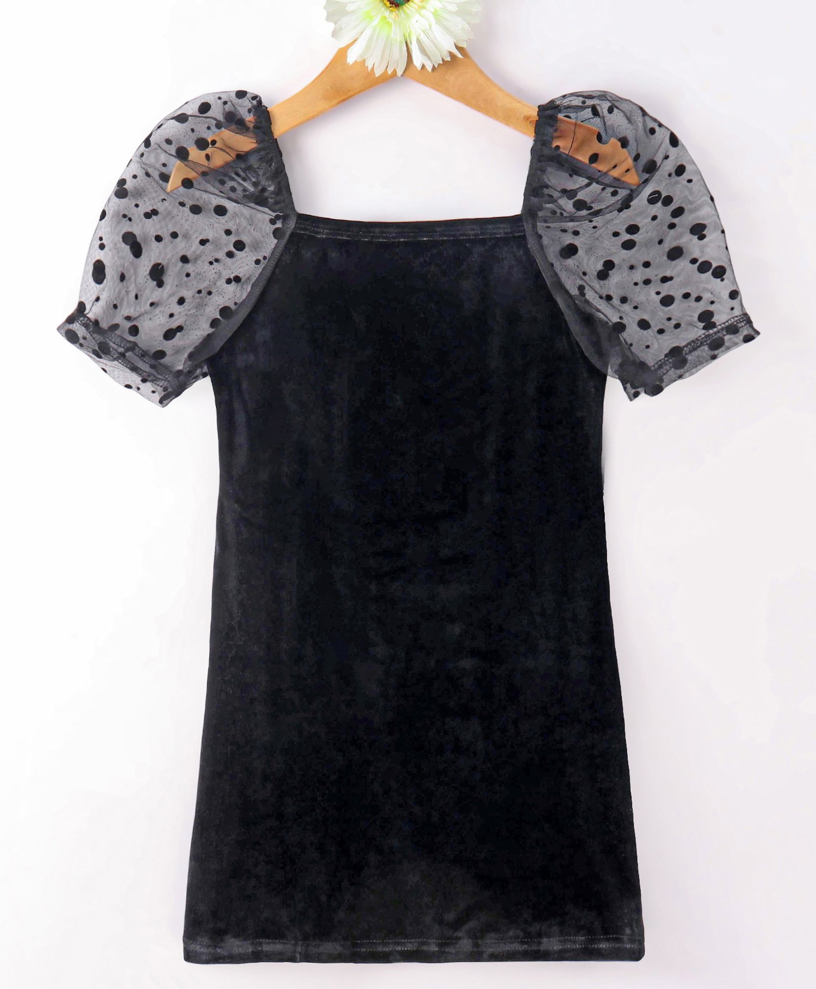 Kookie Kids Half Sleeves Solid Color Party Frock With Polka Dot Detailing  - Black-picture-36