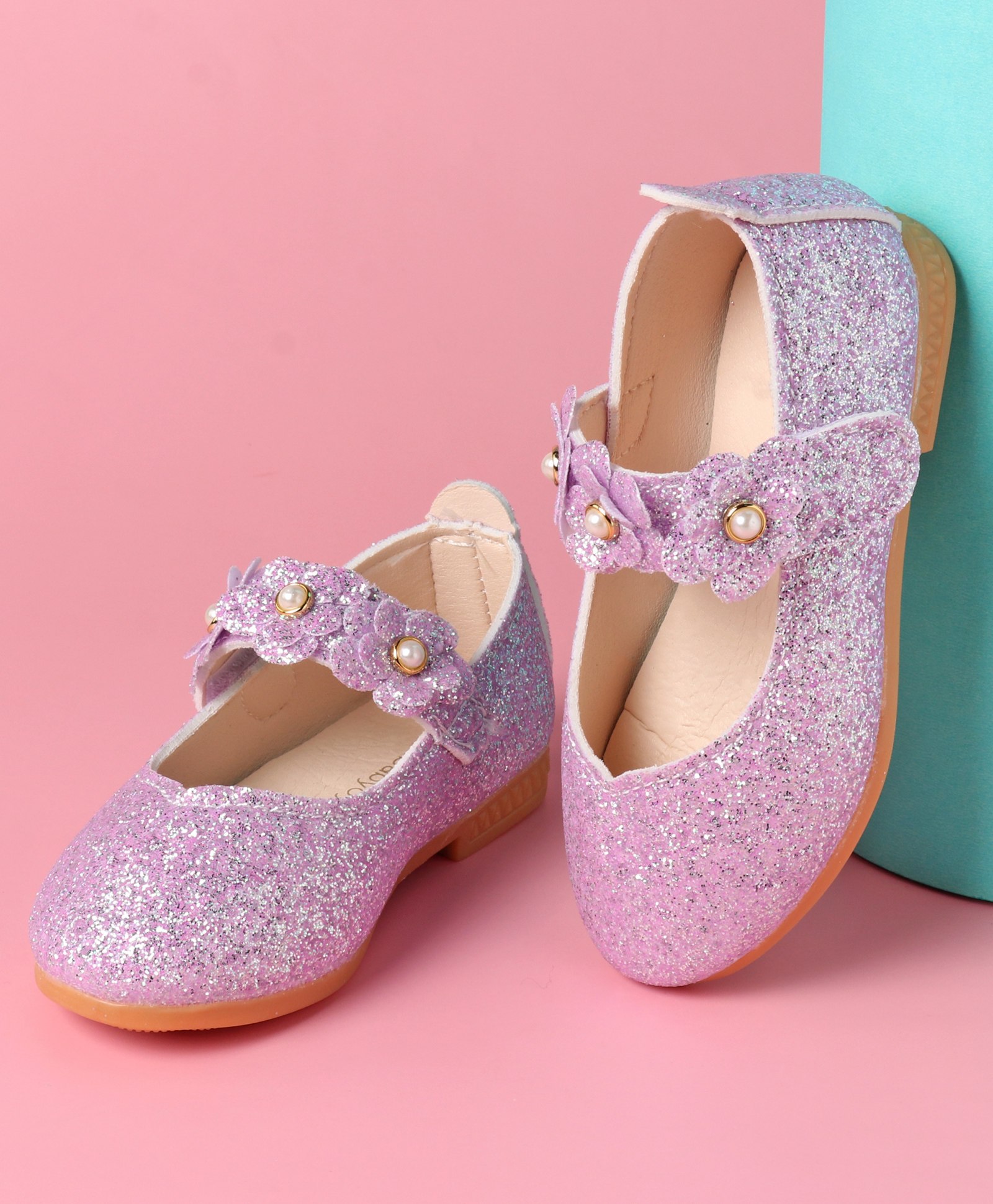 Babyoye Slip On Glittery Ballerina with Floral Applique & Velcro Closure - Purple-picture-33