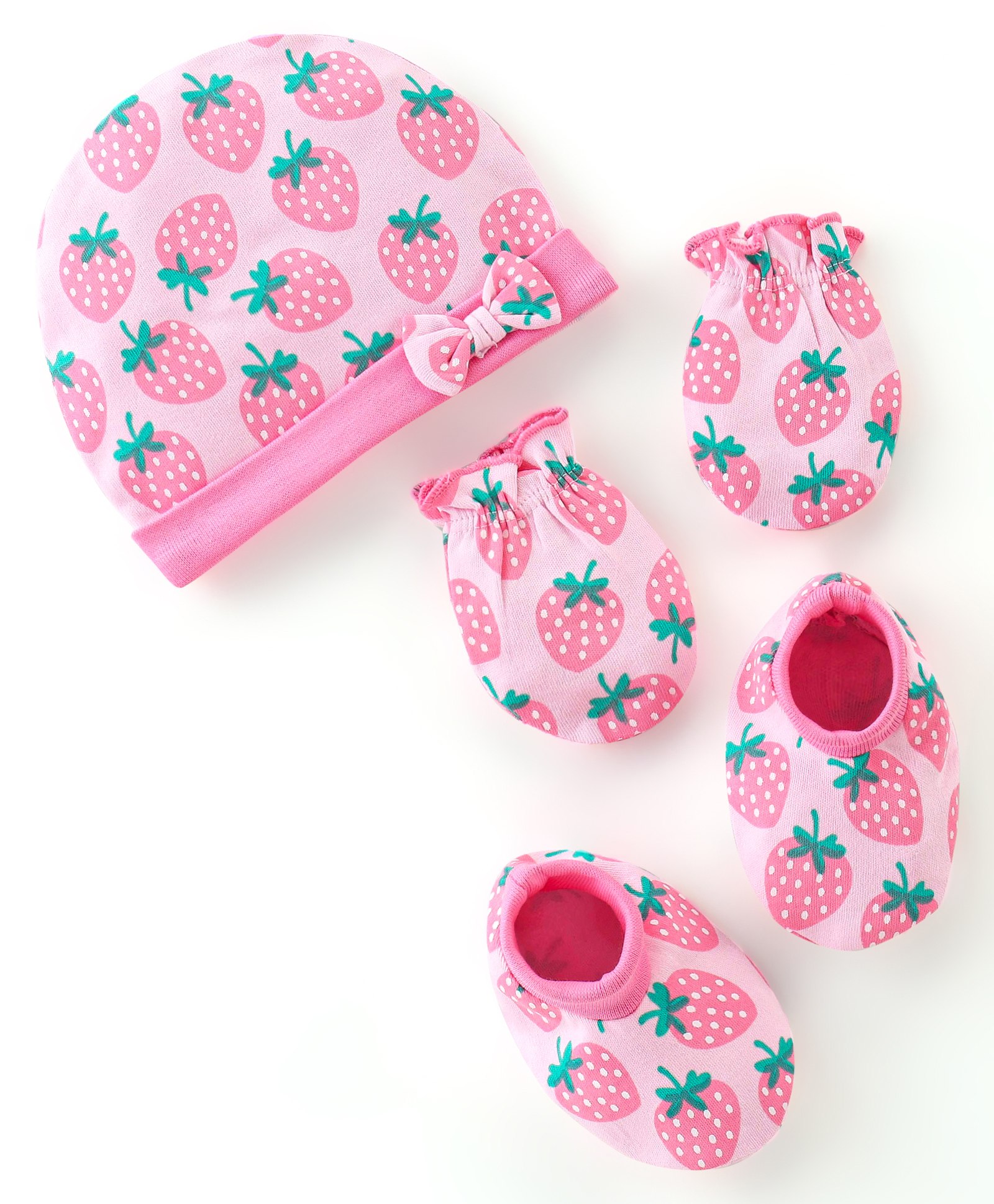 Babyhug 100% Cotton Interlock Knti Cap Mittens & Booties Set Strawberry Print with Bow Applique -Pink-image-8