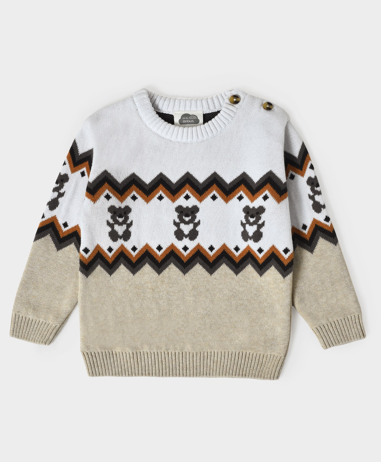 Mi Arcus Full Sleeves Zig Zag Pattern & Teddy Bear Designed Colour Blocked Cotton Sweater - White-image-16